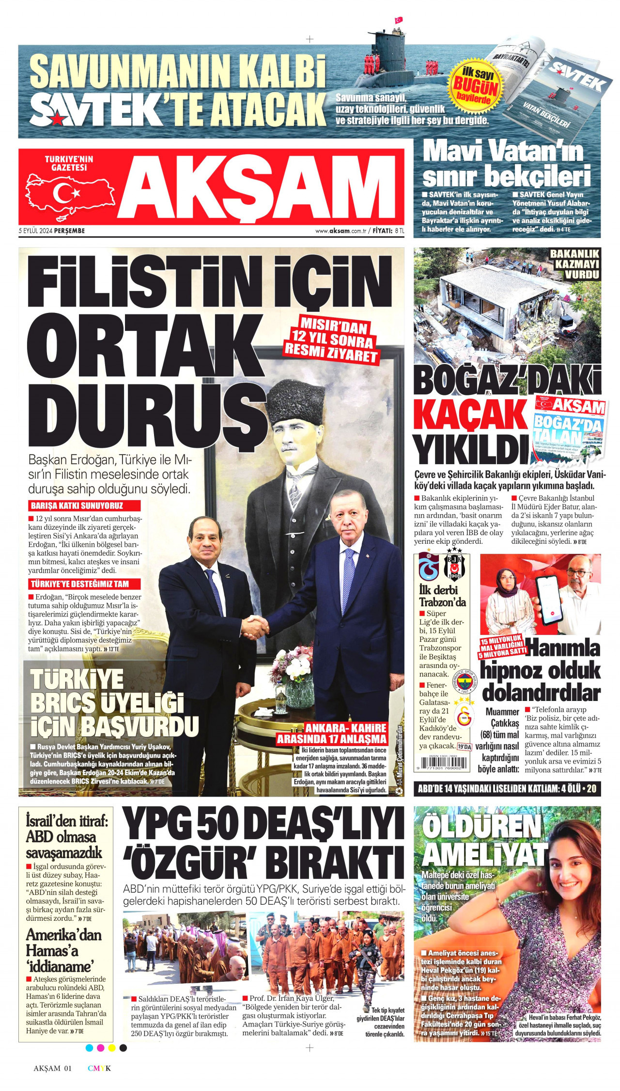 AKŞAM gazetesinin 5 Eylül 2024 tarihli birinci sayfası