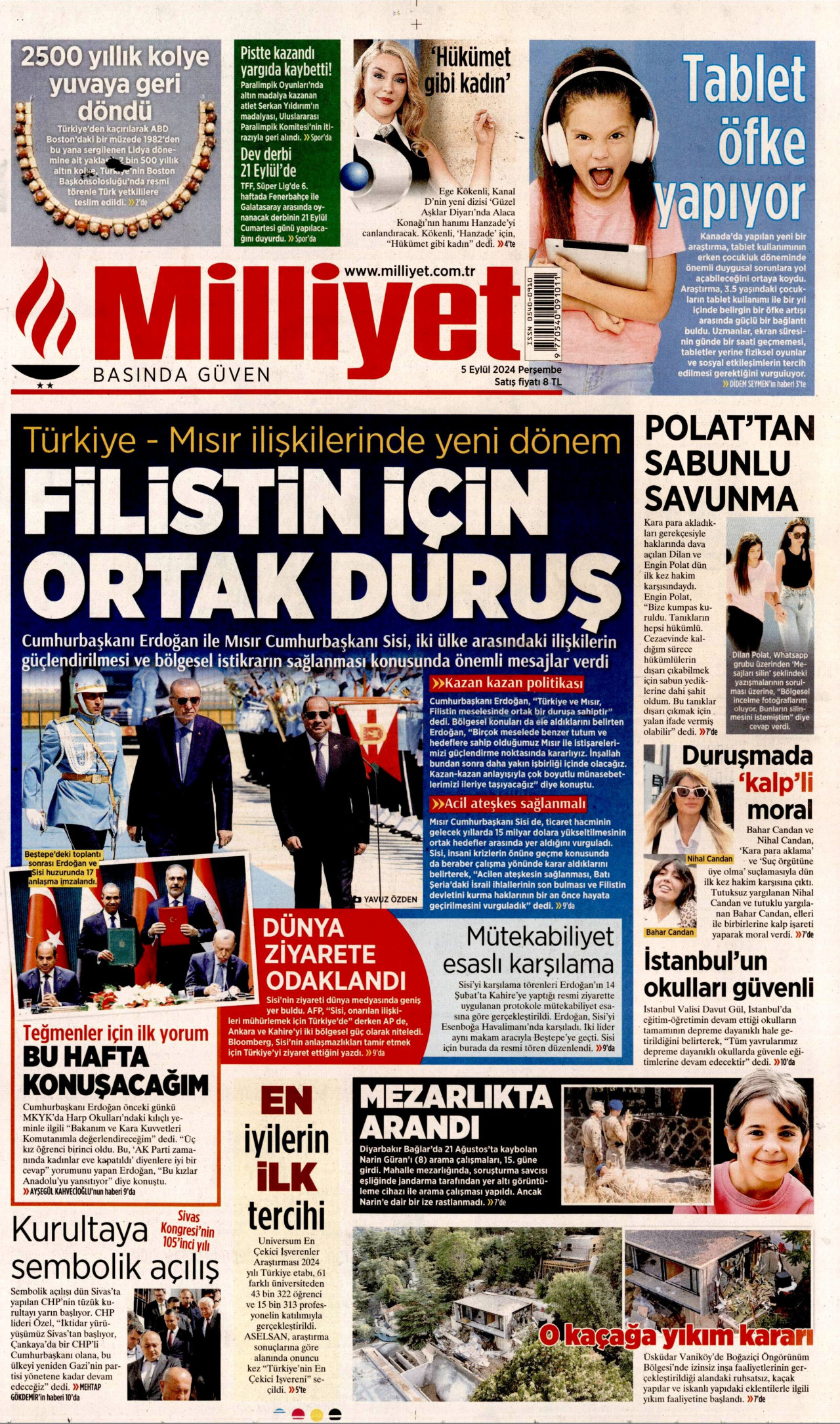 MİLLİYET gazetesinin 5 Eylül 2024 tarihli birinci sayfası