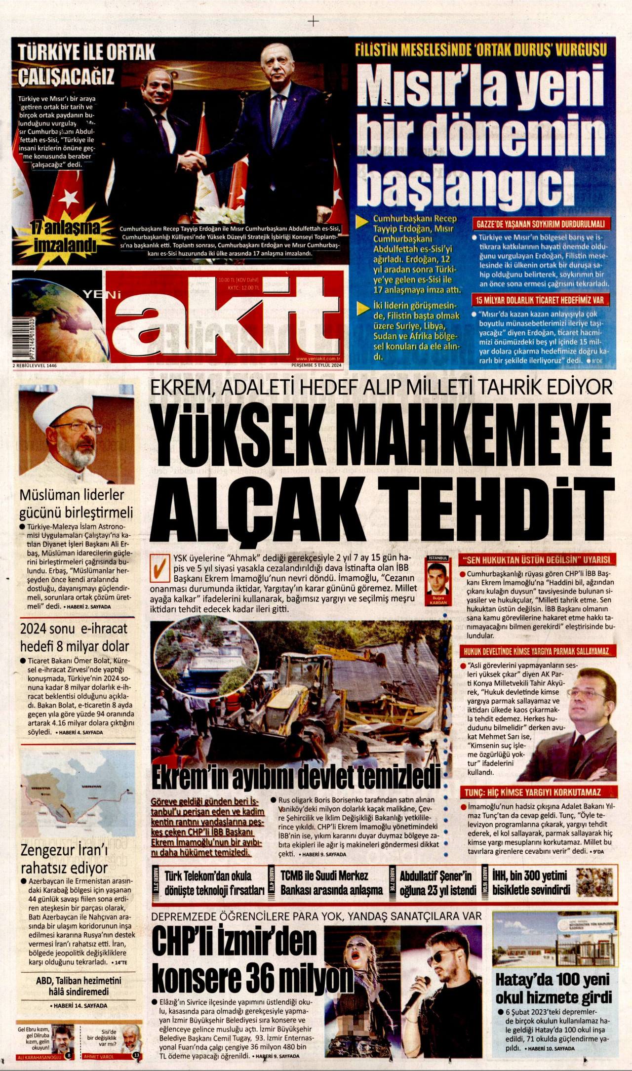 YENİ AKİT gazetesinin 5 Eylül 2024 tarihli birinci sayfası