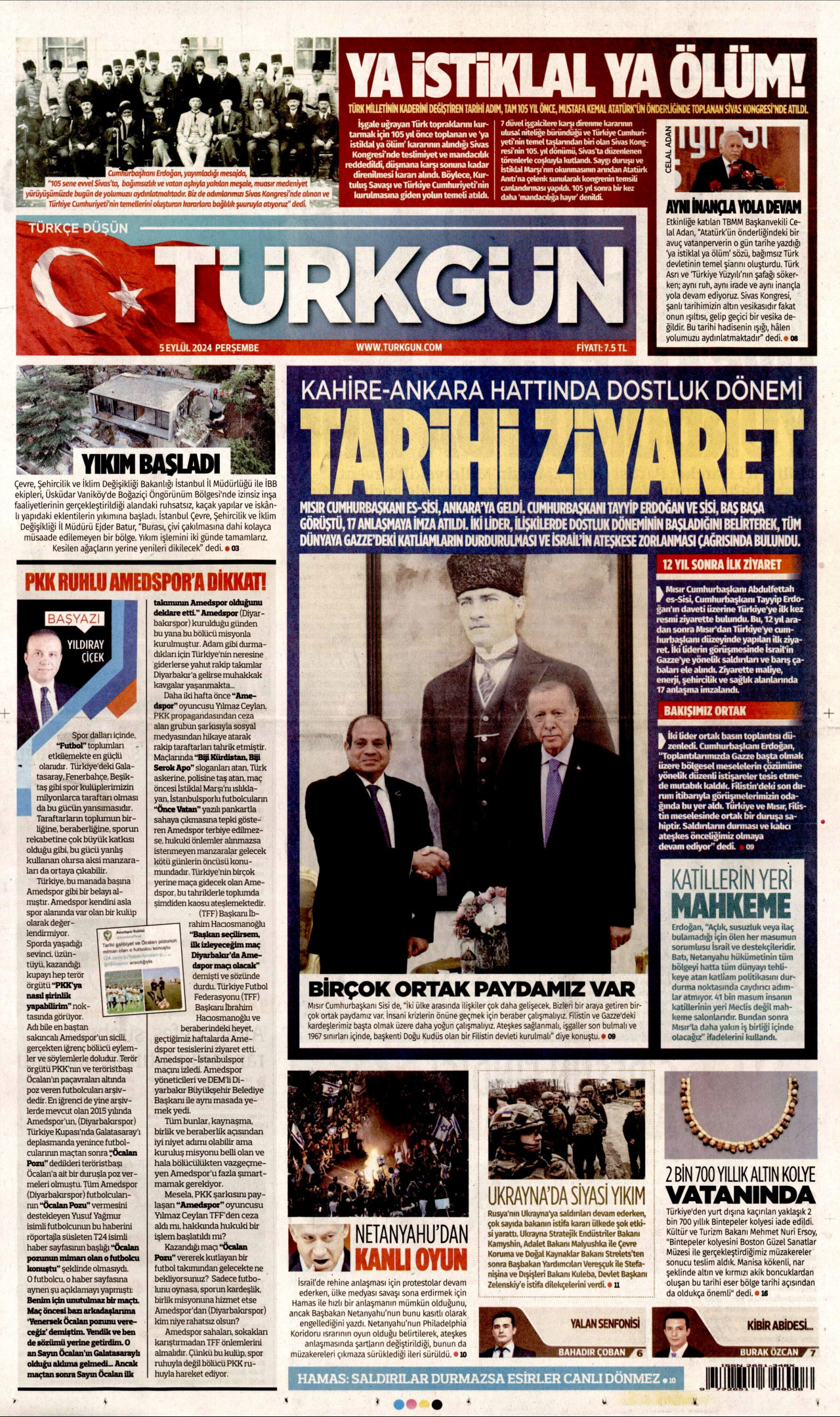 TÜRKGÜN gazetesinin 5 Eylül 2024 tarihli birinci sayfası