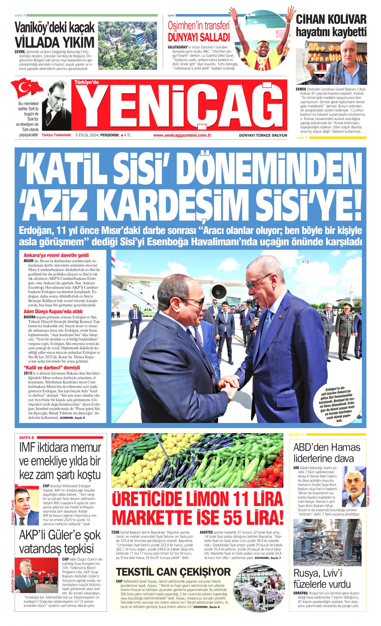 YENİÇAĞ gazetesinin 5 Eylül 2024 tarihli birinci sayfası