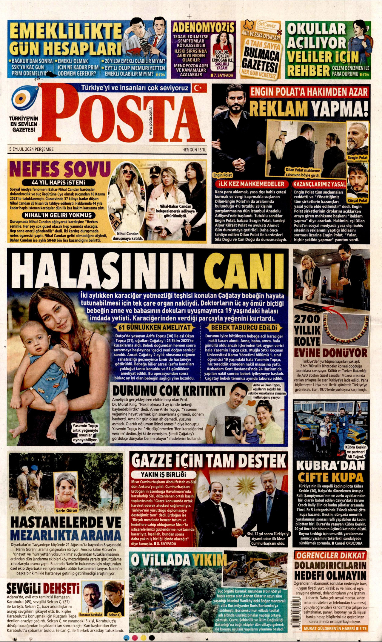 POSTA gazetesinin 5 Eylül 2024 tarihli birinci sayfası