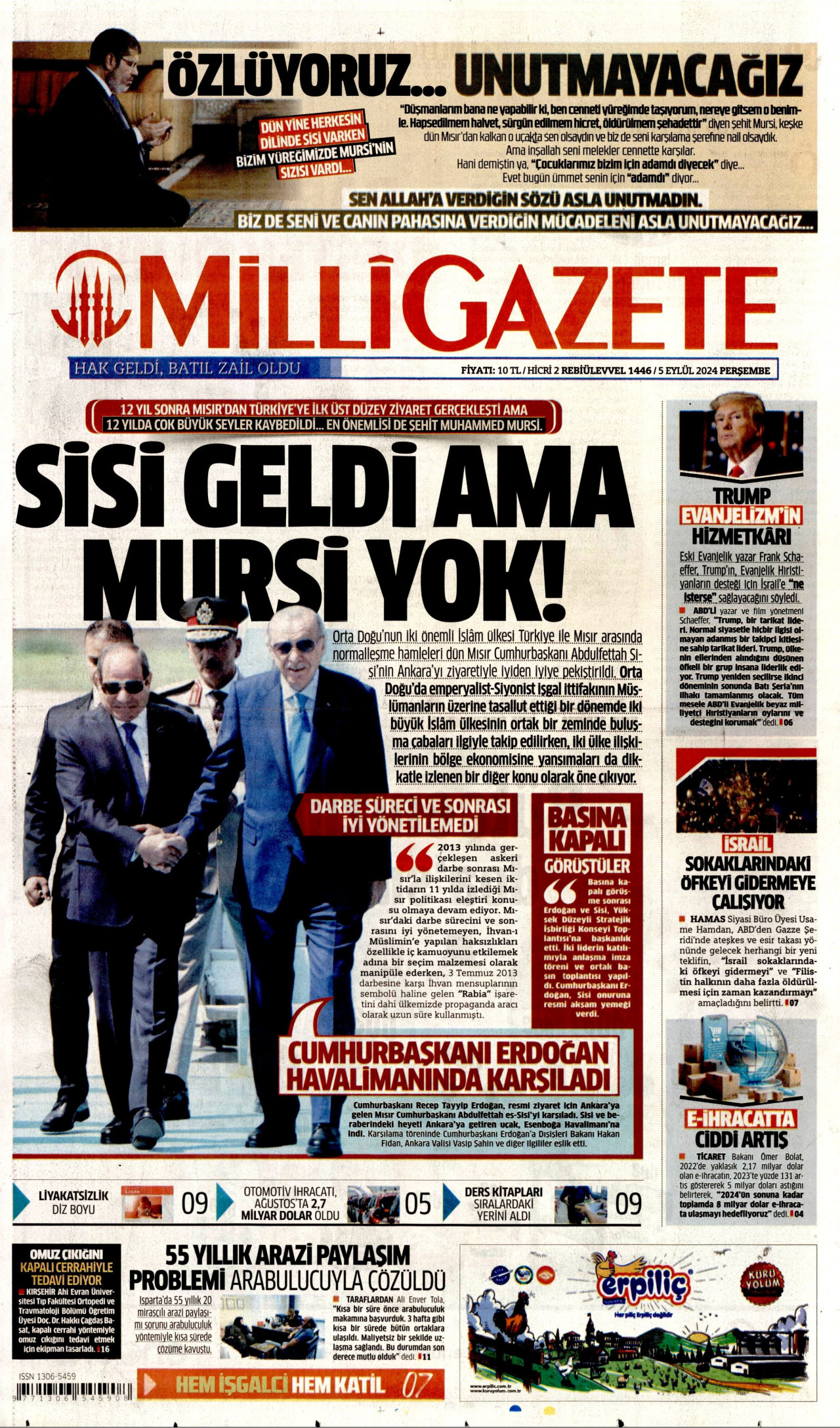 MİLLİ GAZETE gazetesinin 5 Eylül 2024 tarihli birinci sayfası
