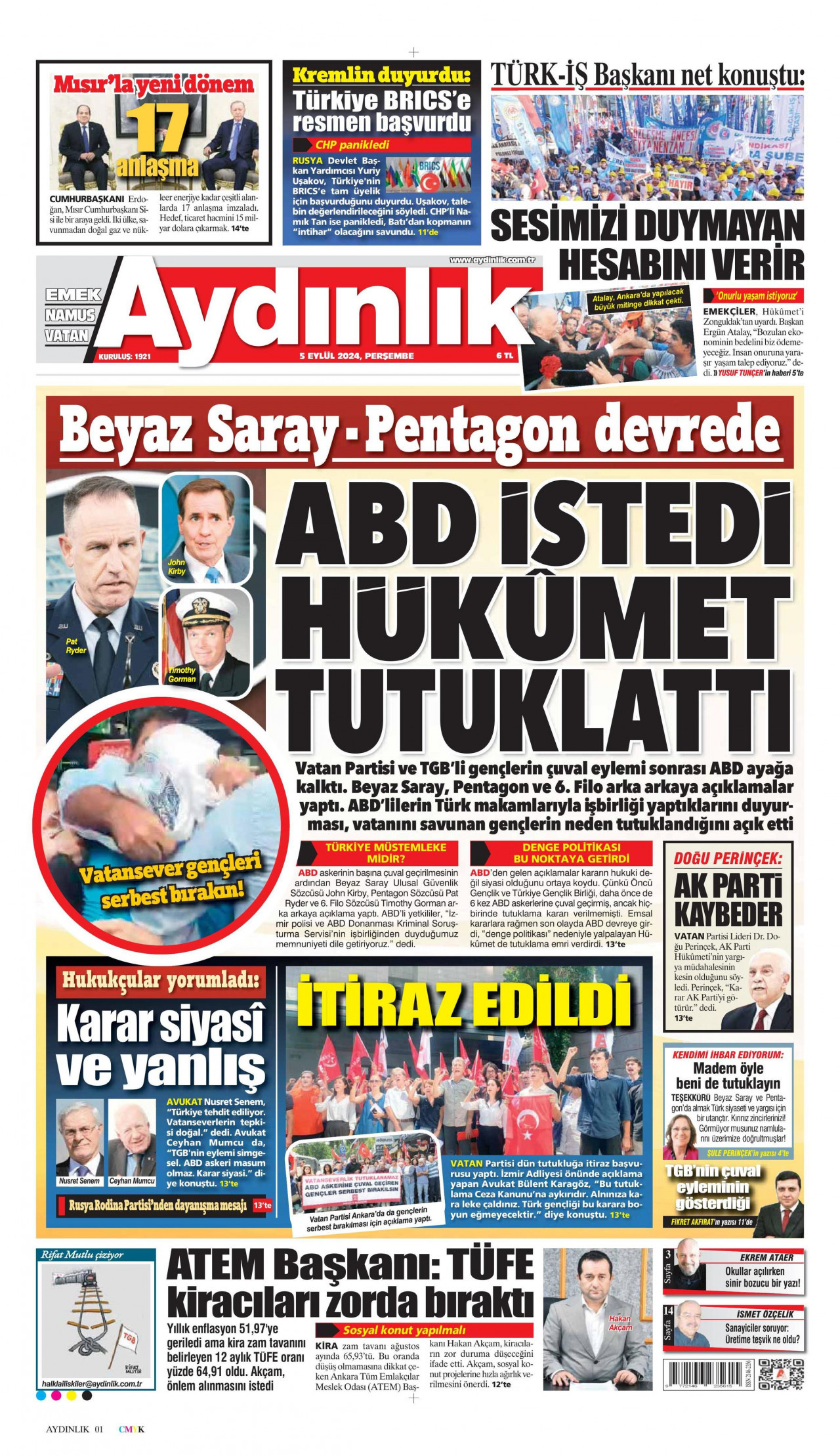 AYDINLIK GAZETESİ gazetesinin 5 Eylül 2024 tarihli birinci sayfası