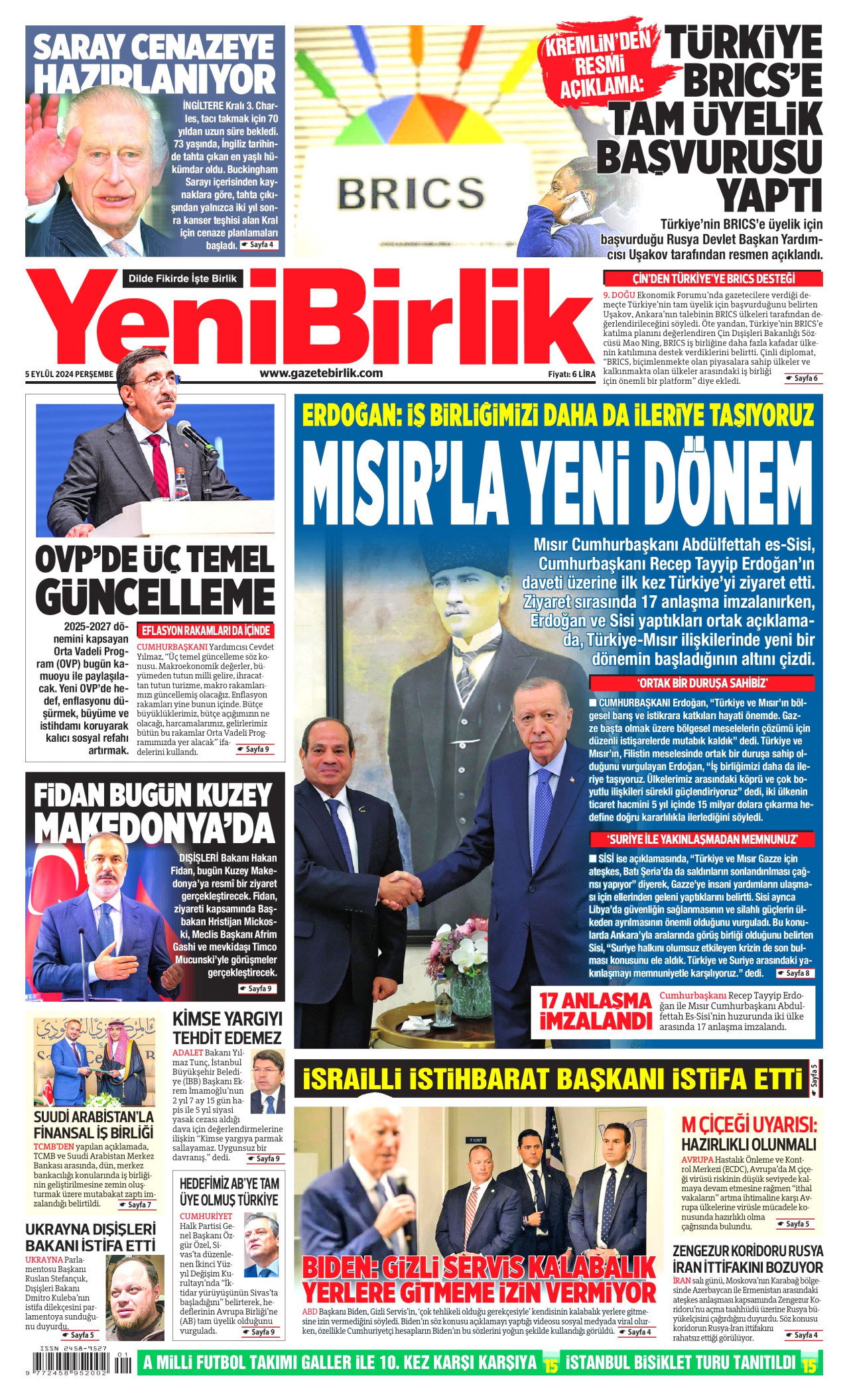 YENİBİRLİK gazetesinin 5 Eylül 2024 tarihli birinci sayfası