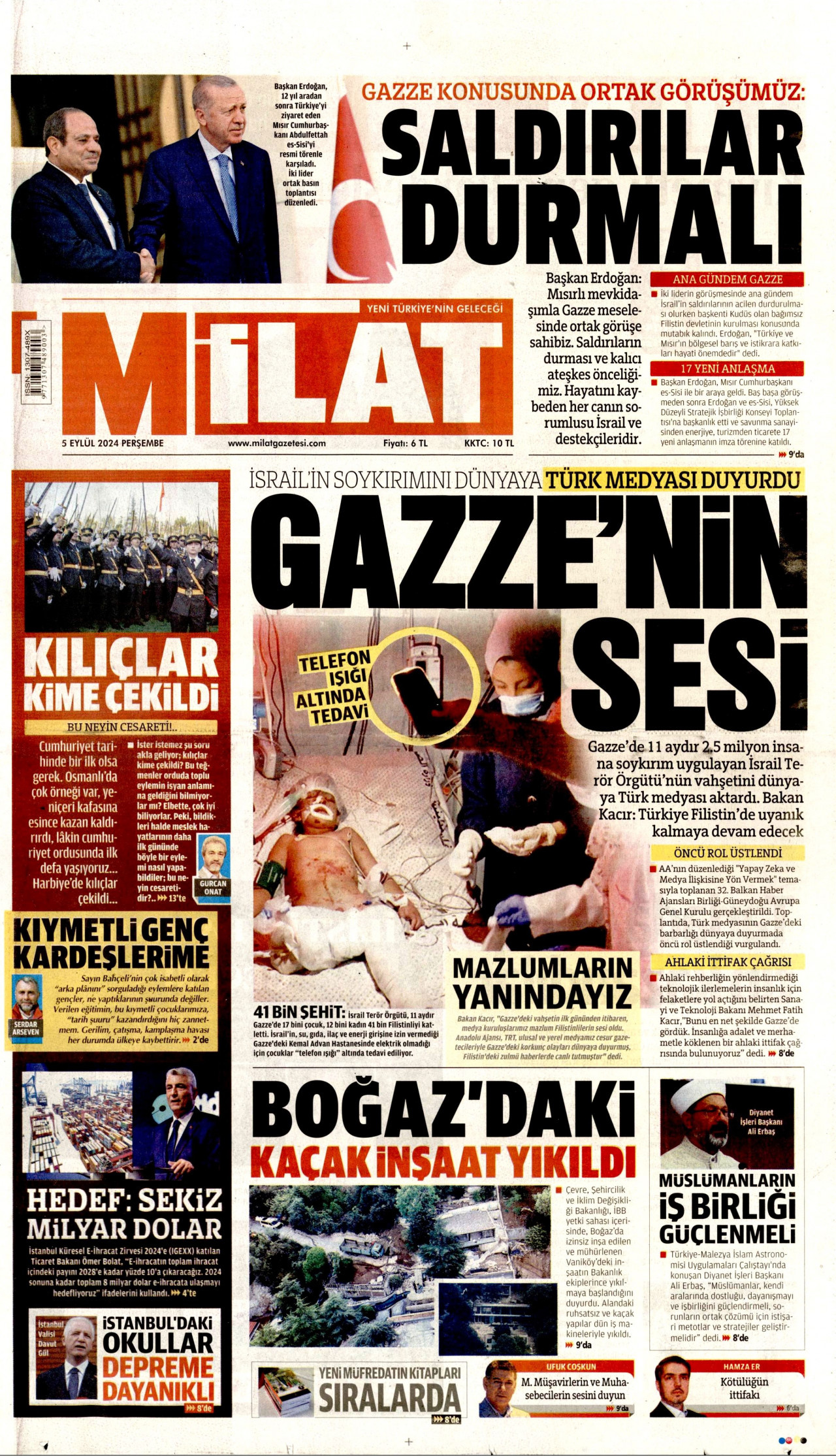 MİLAT gazetesinin 5 Eylül 2024 tarihli birinci sayfası