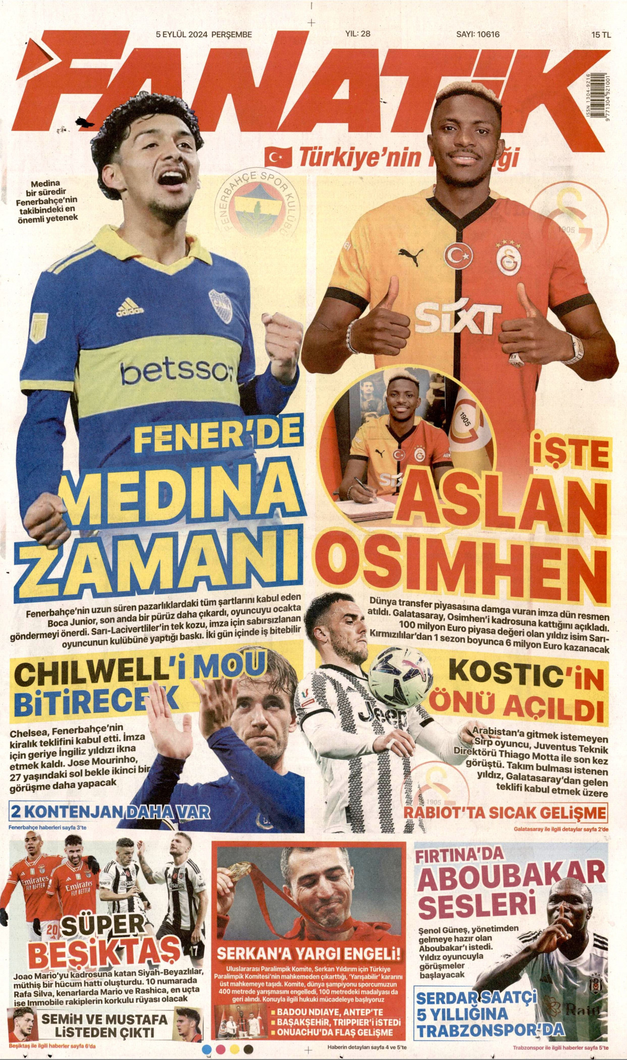 FANATİK gazetesinin 5 Eylül 2024 tarihli birinci sayfası