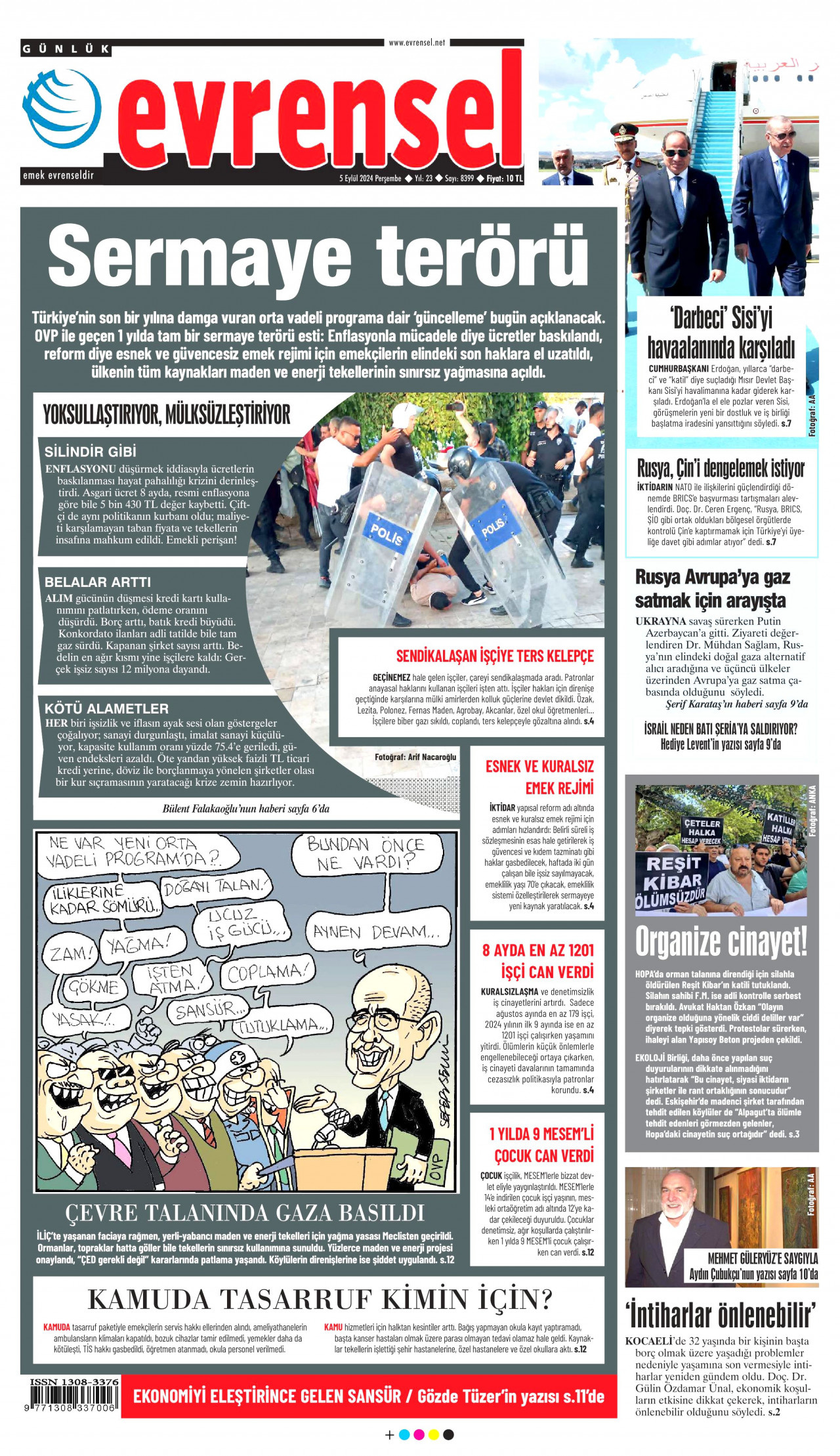 EVRENSEL gazetesinin 5 Eylül 2024 tarihli birinci sayfası