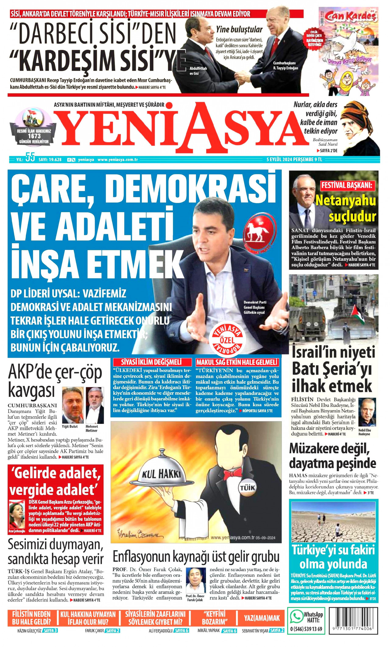 YENİ ASYA gazetesinin 5 Eylül 2024 tarihli birinci sayfası