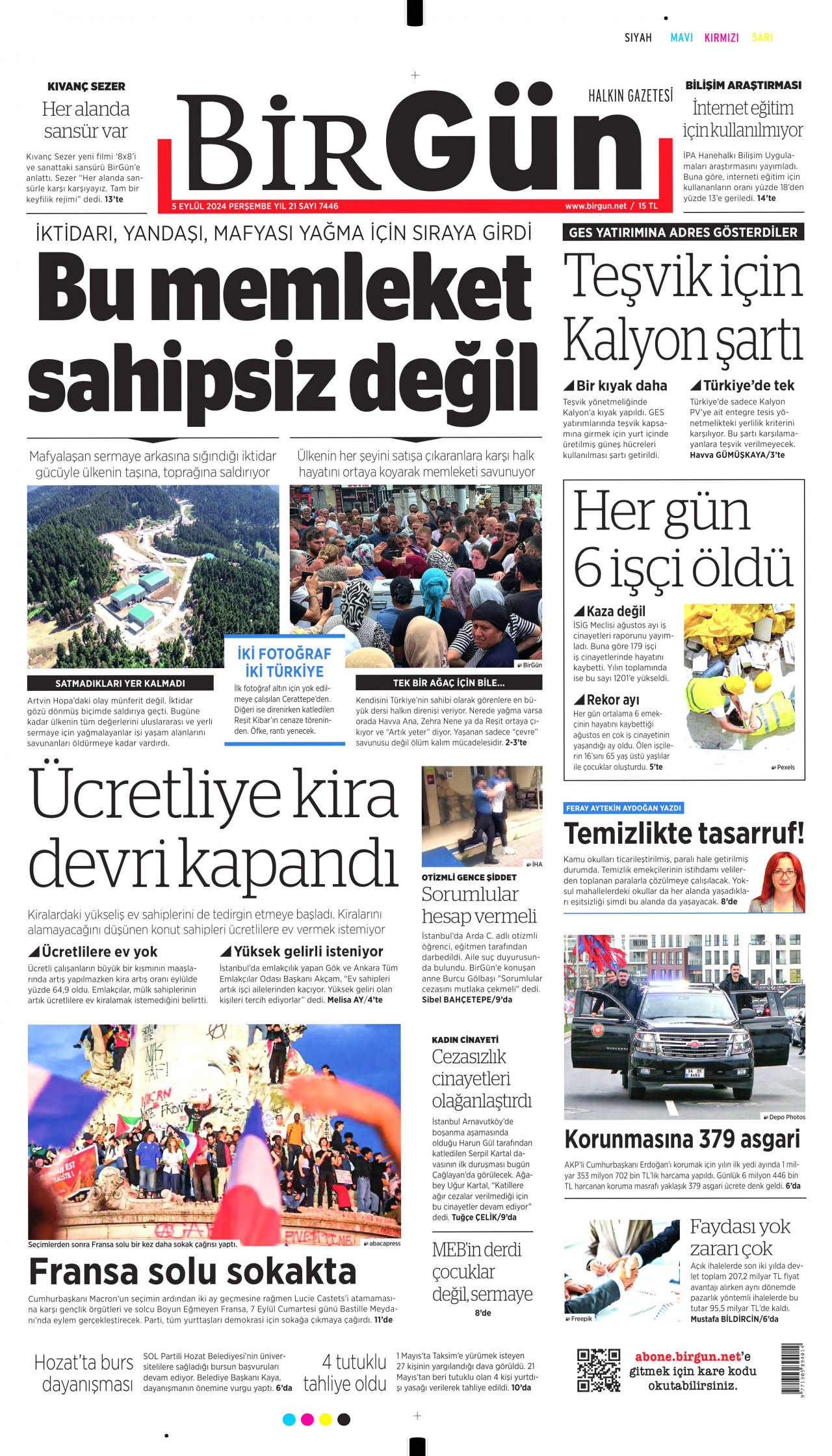 BİRGÜN gazetesinin 5 Eylül 2024 tarihli birinci sayfası