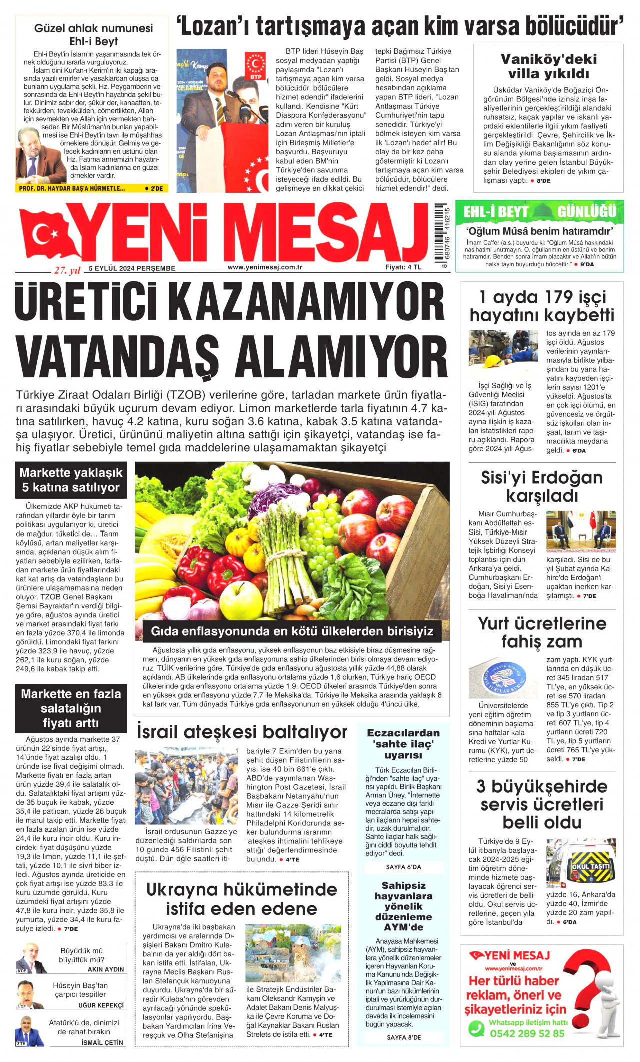 YENİ MESAJ gazetesinin 5 Eylül 2024 tarihli birinci sayfası