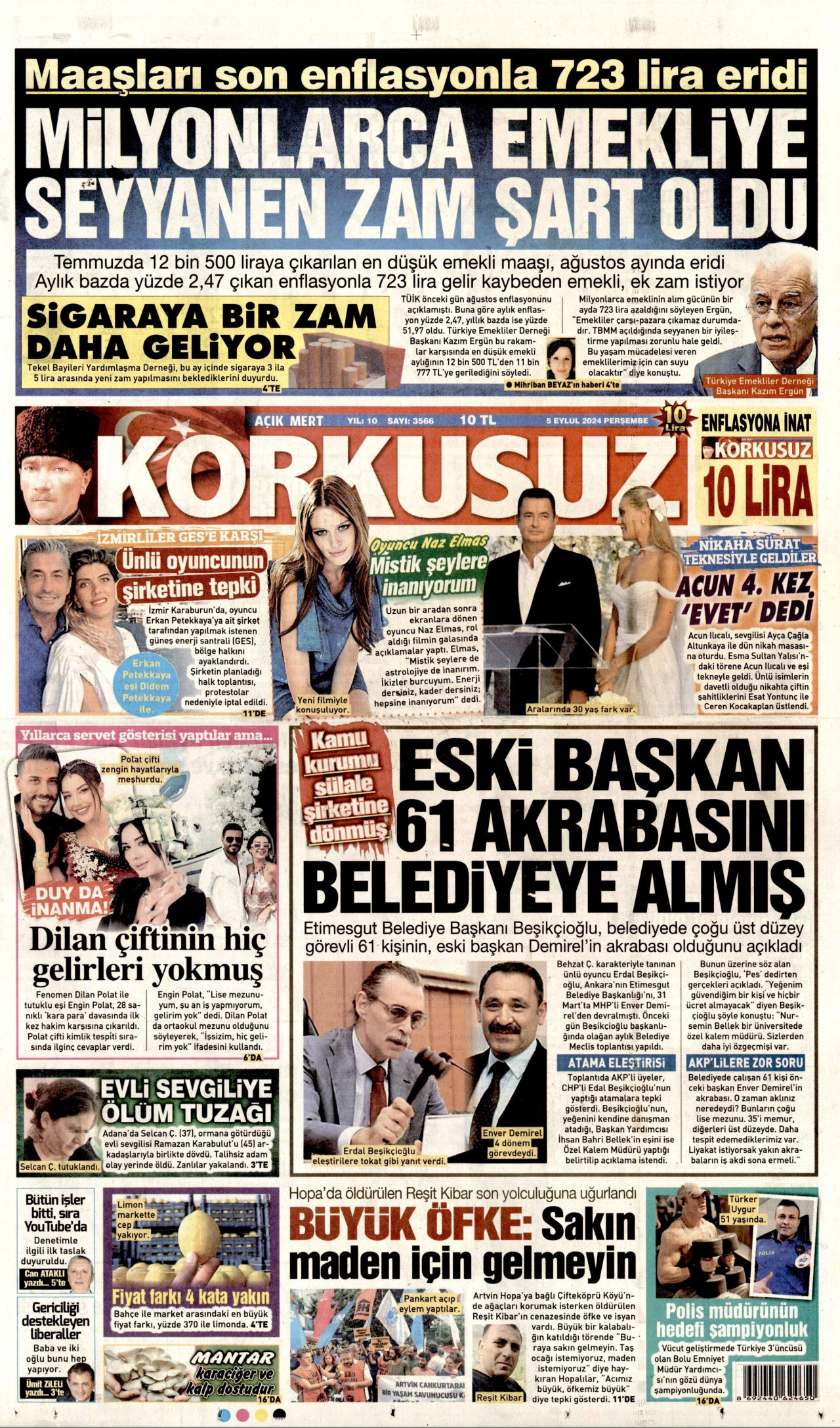 KORKUSUZ gazetesinin 5 Eylül 2024 tarihli birinci sayfası