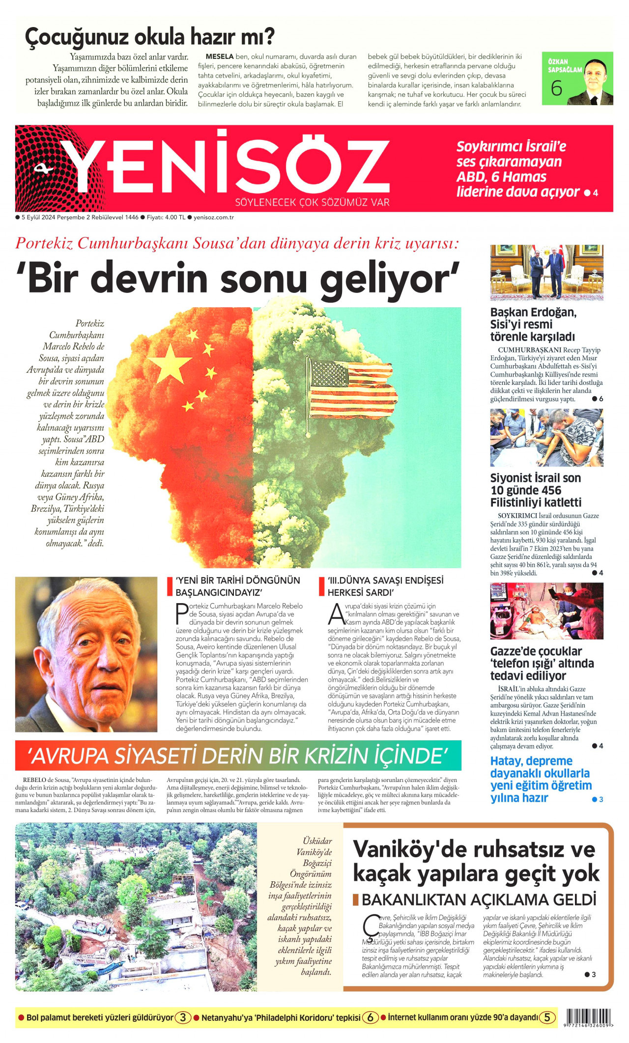 YENİ SÖZ GAZETESİ gazetesinin 5 Eylül 2024 tarihli birinci sayfası