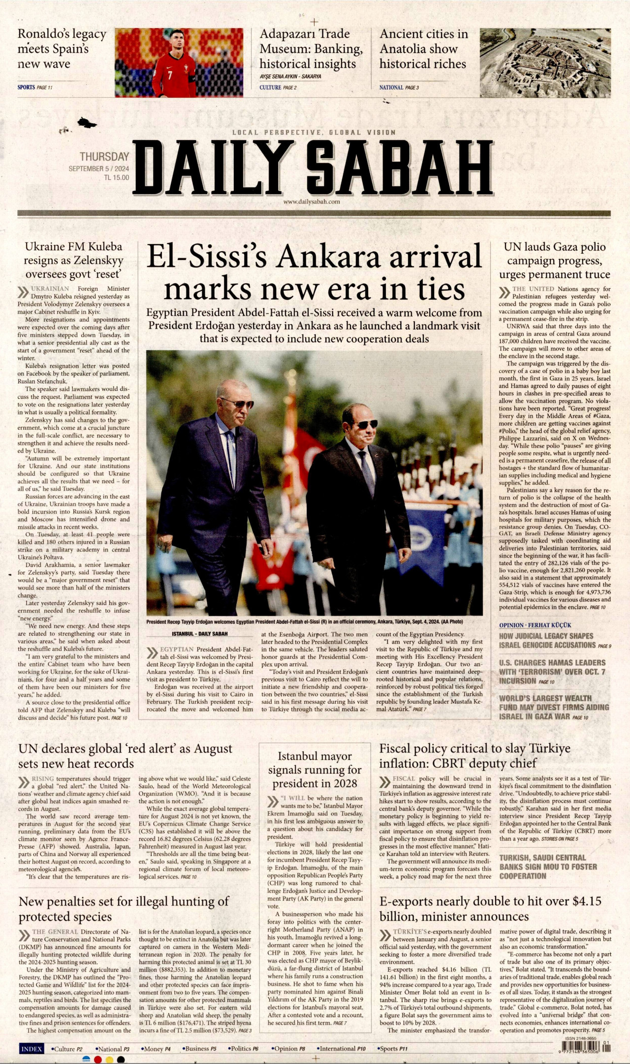 DAİLY SABAH gazetesinin 5 Eylül 2024 tarihli birinci sayfası