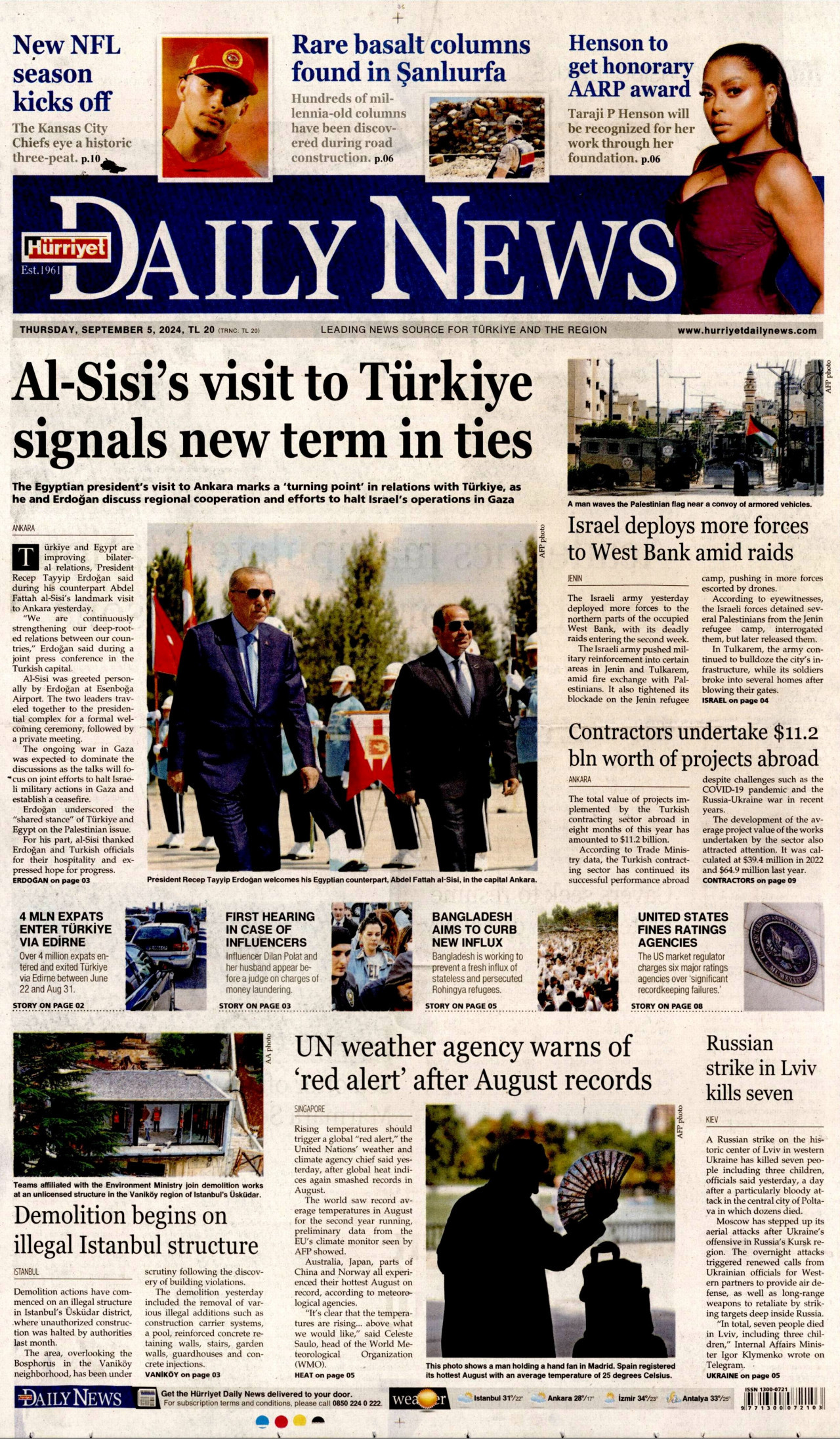 HÜRRİYET DAİLY NEWS gazetesinin 5 Eylül 2024 tarihli birinci sayfası