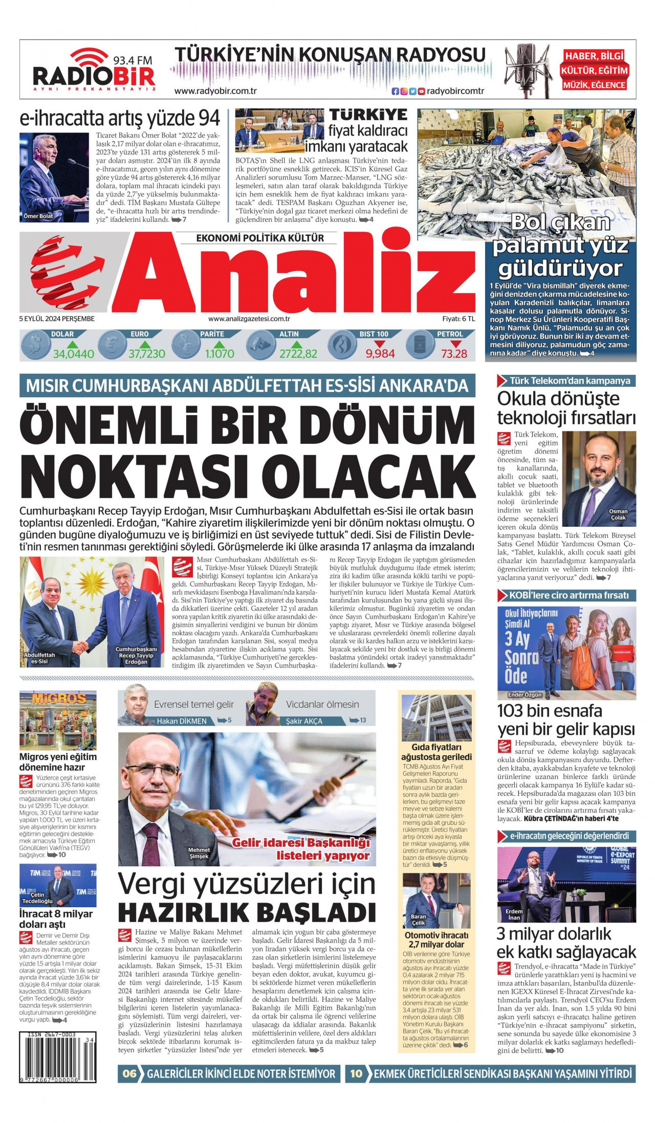 ANALİZ gazetesinin 5 Eylül 2024 tarihli birinci sayfası