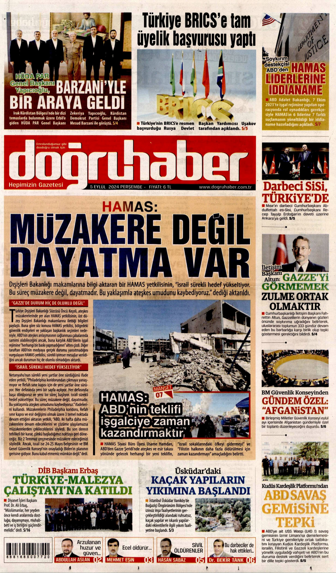 DOĞRU HABER gazetesinin 5 Eylül 2024 tarihli birinci sayfası