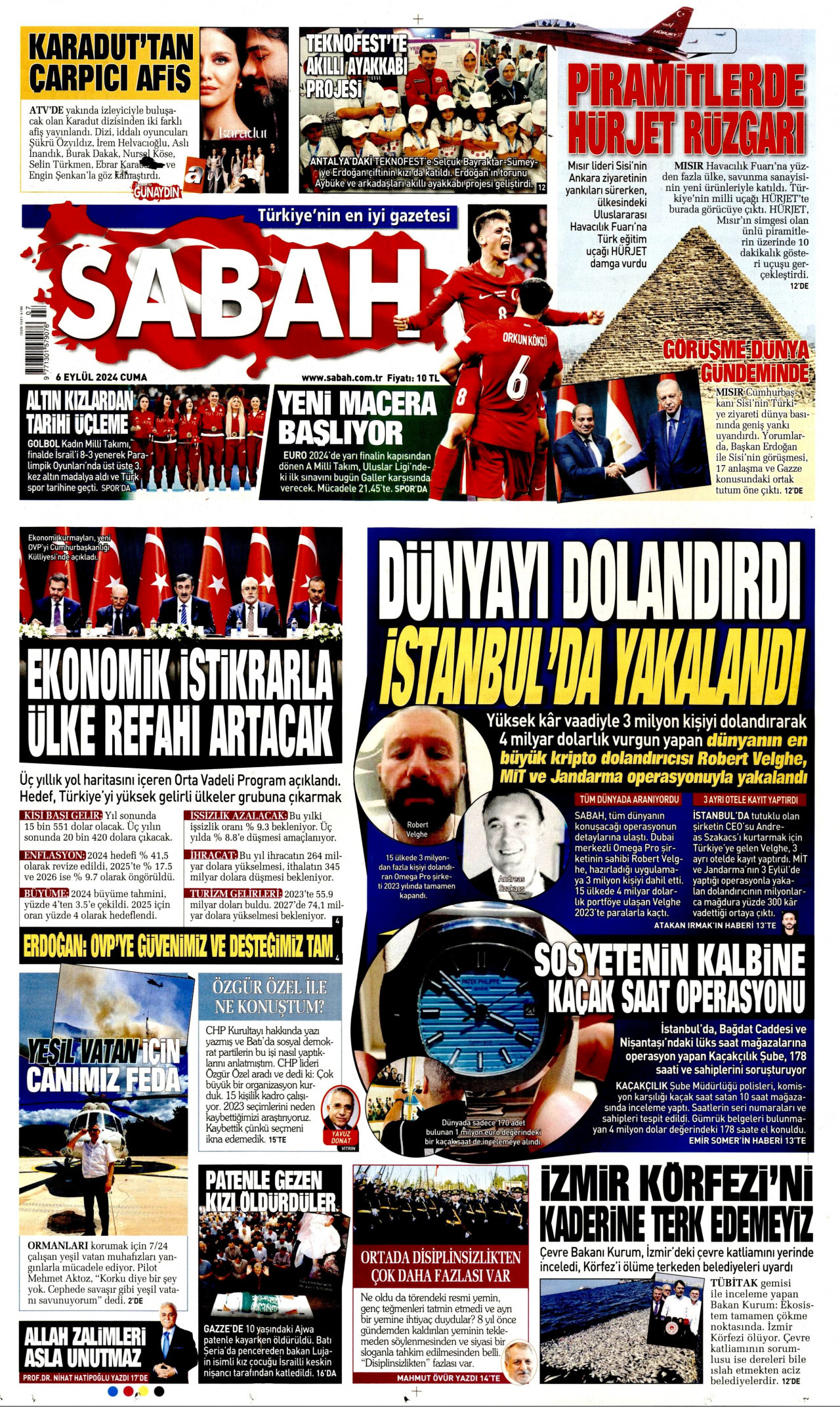 SABAH gazetesinin 6 Eylül 2024 tarihli birinci sayfası