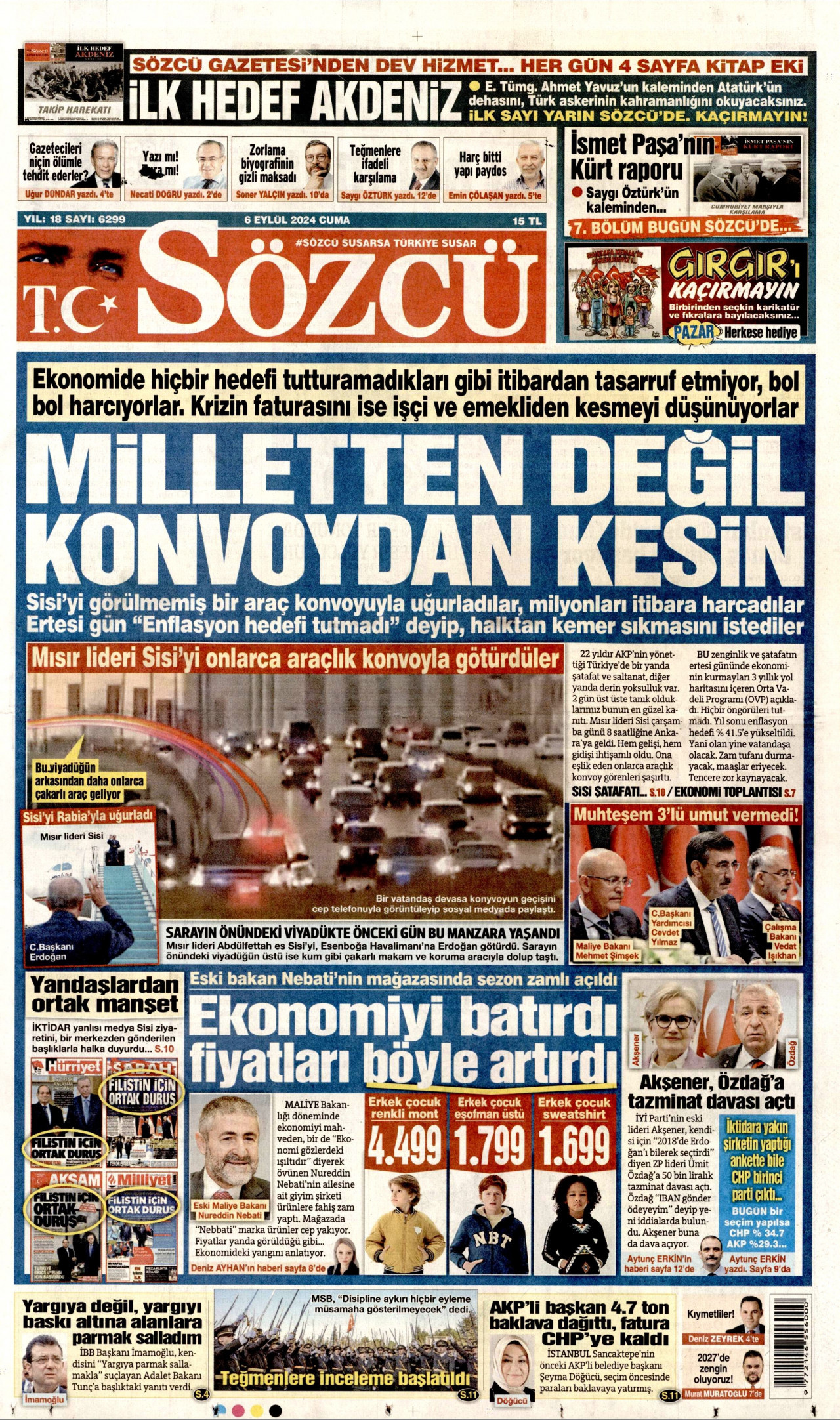 SÖZCÜ gazetesinin 6 Eylül 2024 tarihli birinci sayfası