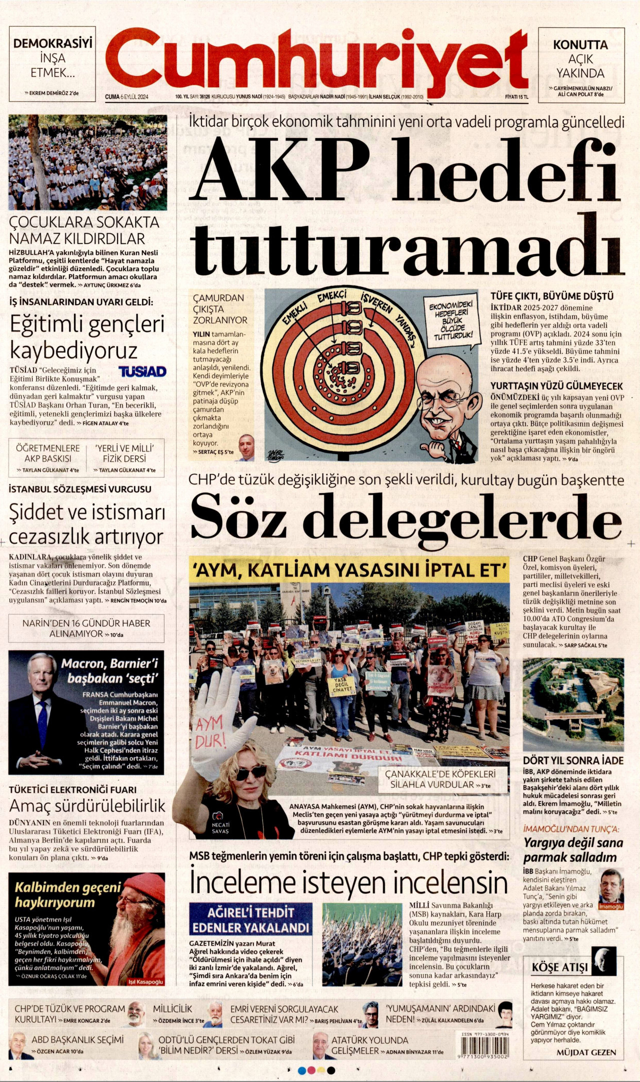 CUMHURİYET gazetesinin 6 Eylül 2024 tarihli birinci sayfası