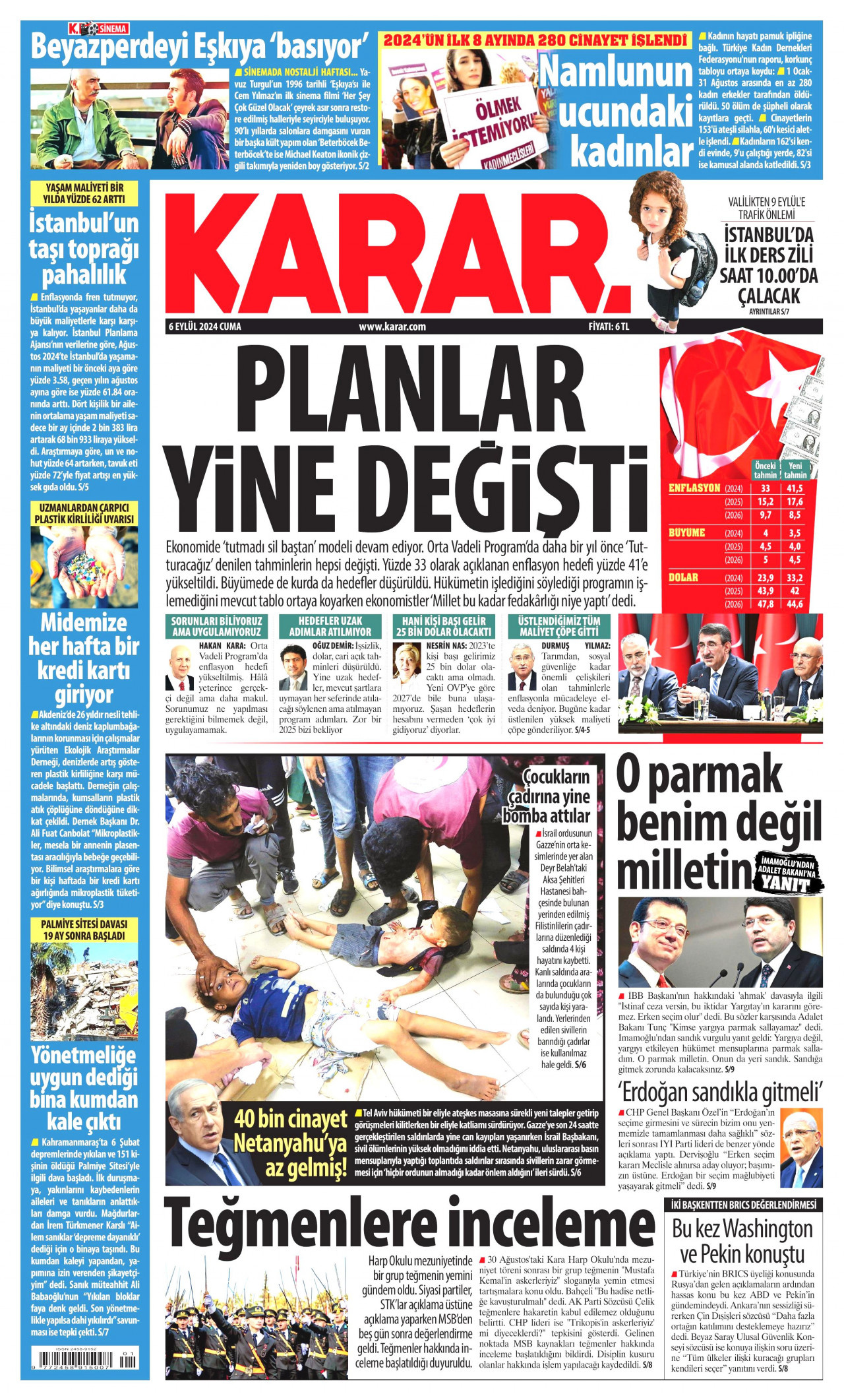 KARAR gazetesinin 6 Eylül 2024 tarihli birinci sayfası