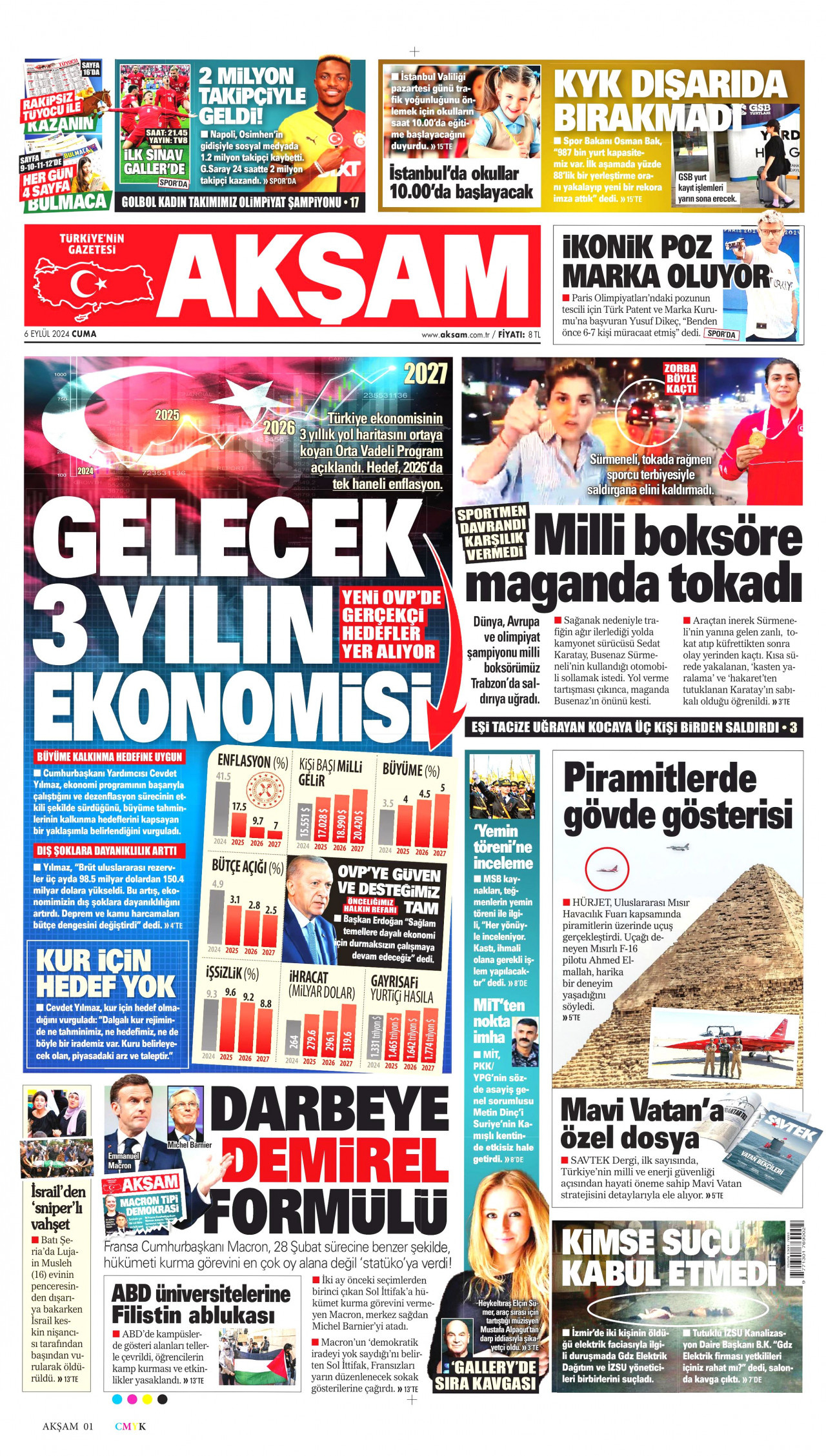 AKŞAM gazetesinin 6 Eylül 2024 tarihli birinci sayfası