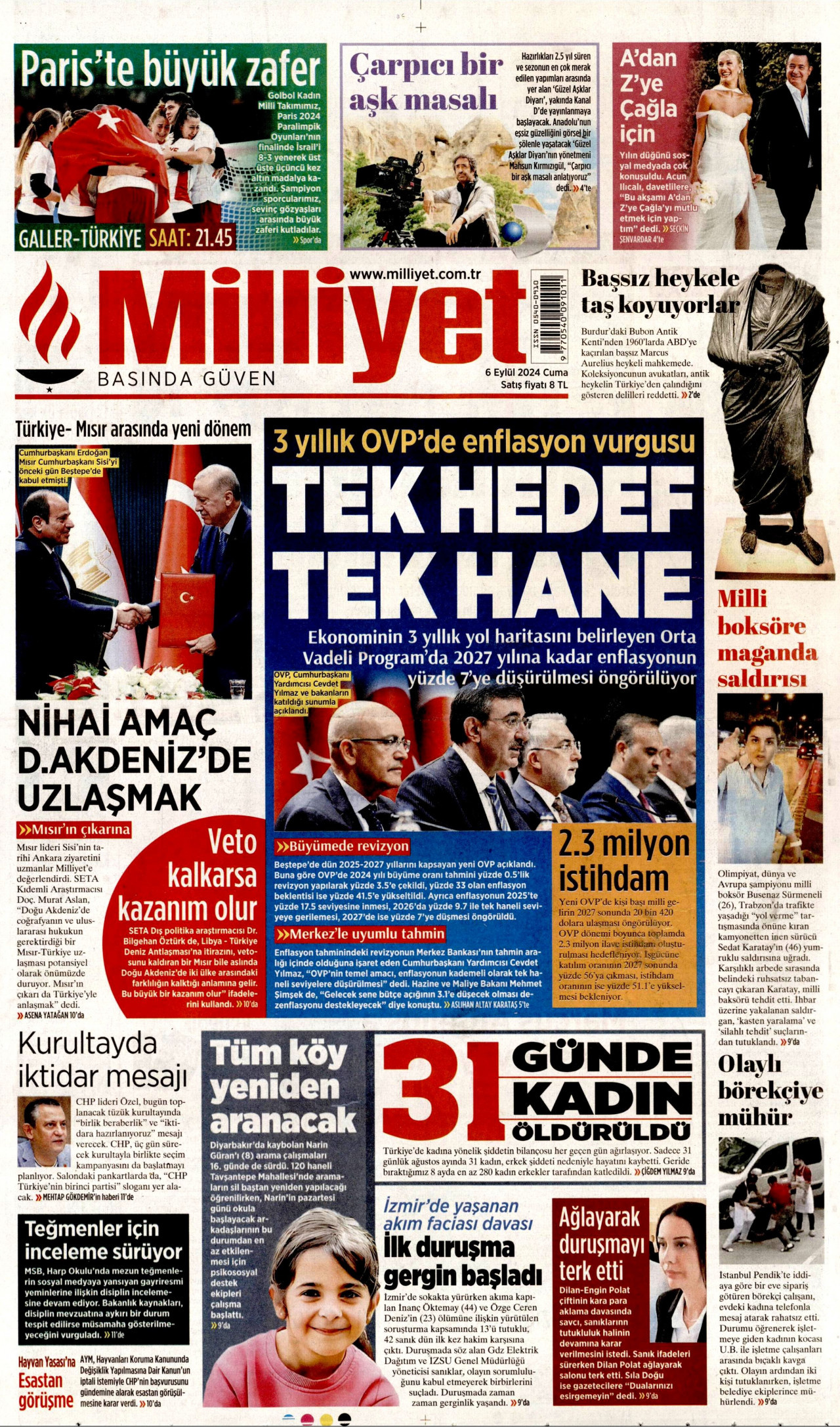 MİLLİYET gazetesinin 6 Eylül 2024 tarihli birinci sayfası