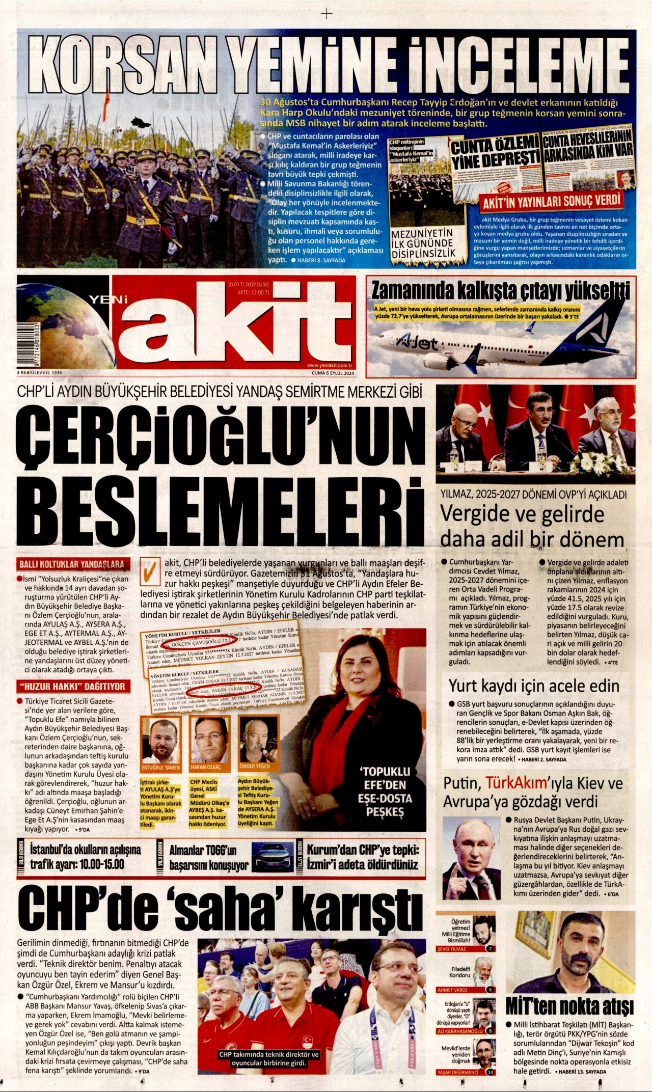 YENİ AKİT gazetesinin 6 Eylül 2024 tarihli birinci sayfası