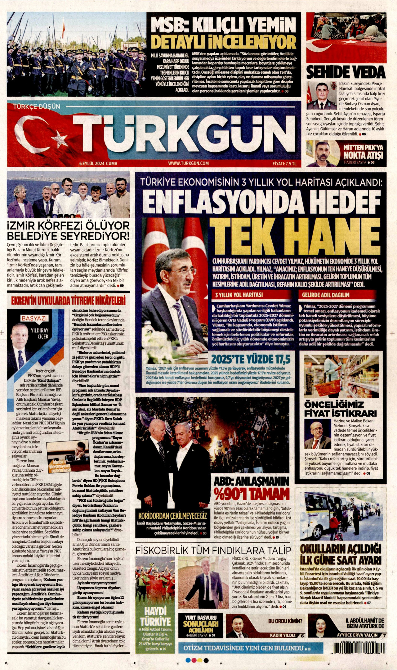 TÜRKGÜN gazetesinin 6 Eylül 2024 tarihli birinci sayfası