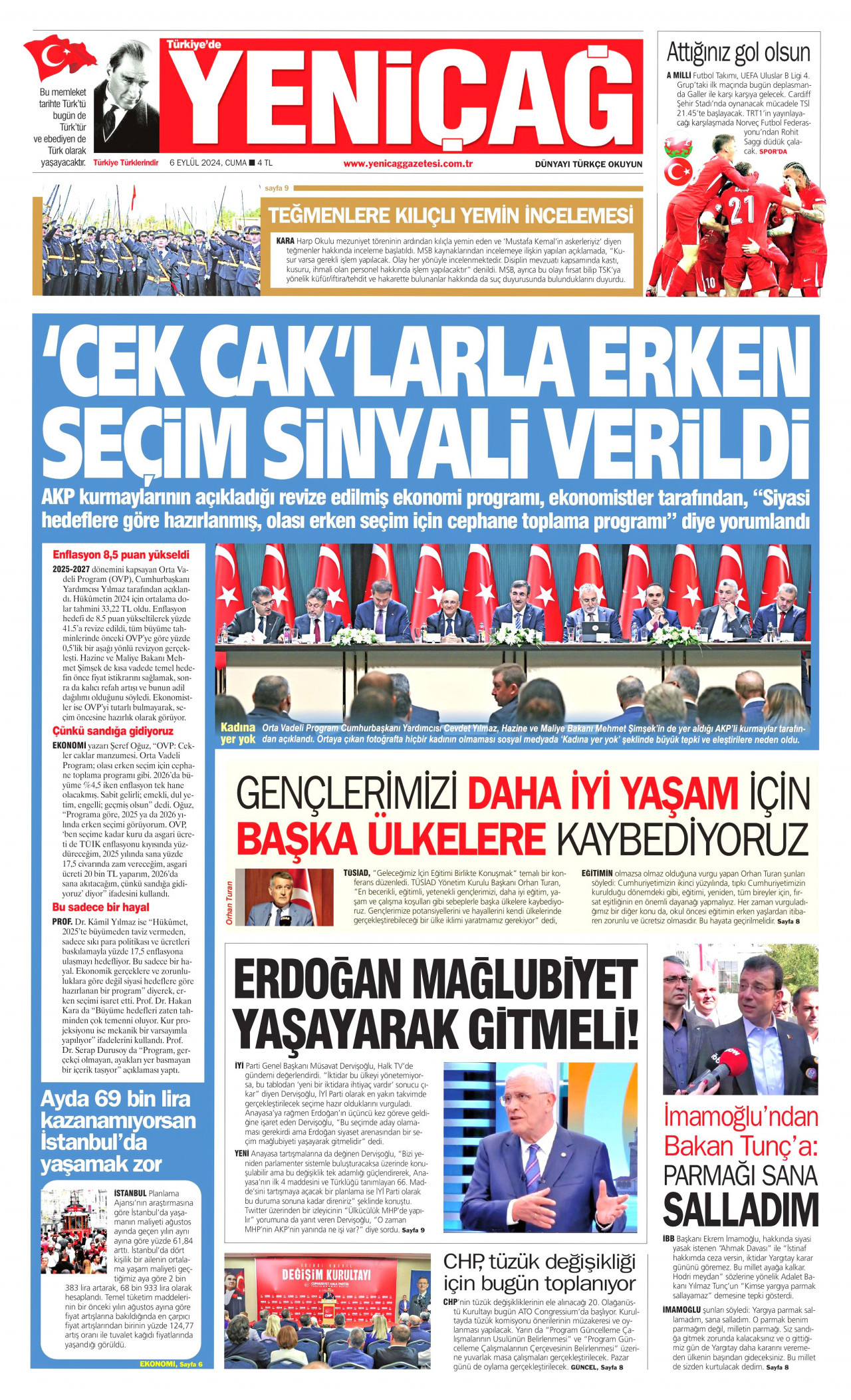 YENİÇAĞ gazetesinin 6 Eylül 2024 tarihli birinci sayfası
