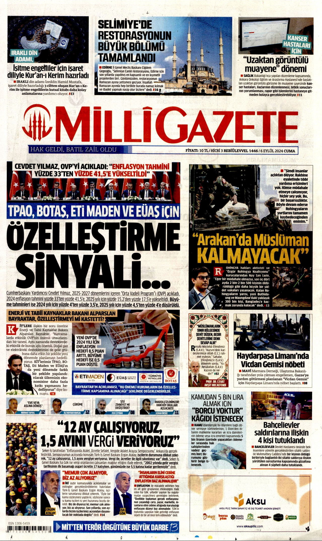 MİLLİ GAZETE gazetesinin 6 Eylül 2024 tarihli birinci sayfası