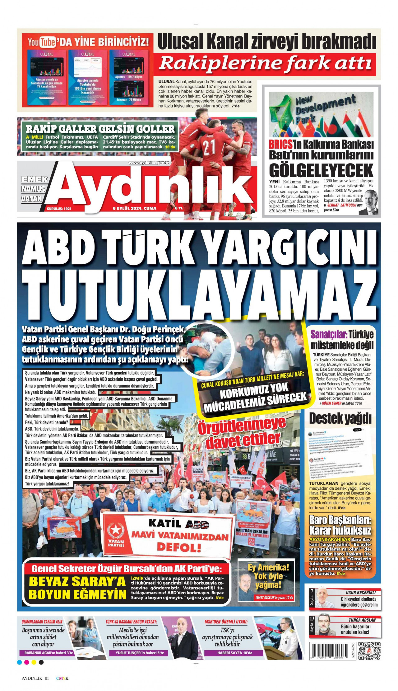 AYDINLIK GAZETESİ gazetesinin 6 Eylül 2024 tarihli birinci sayfası