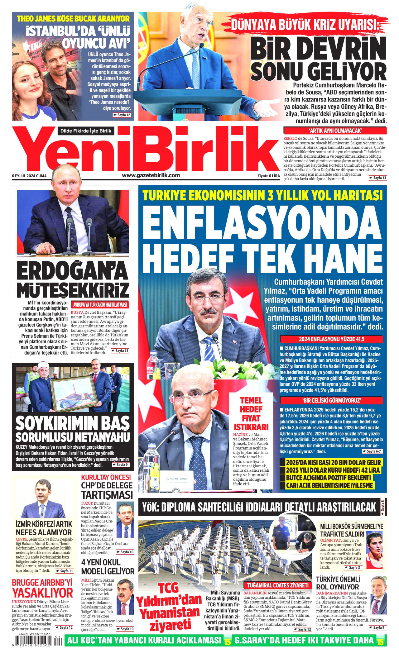 YENİBİRLİK gazetesinin 6 Eylül 2024 tarihli birinci sayfası