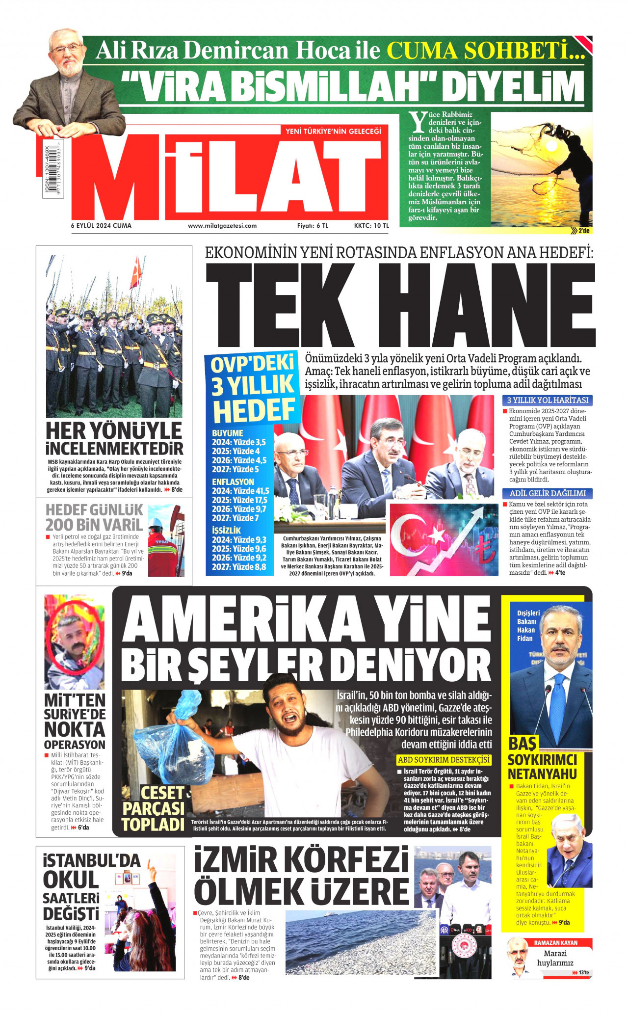 MİLAT gazetesinin 6 Eylül 2024 tarihli birinci sayfası