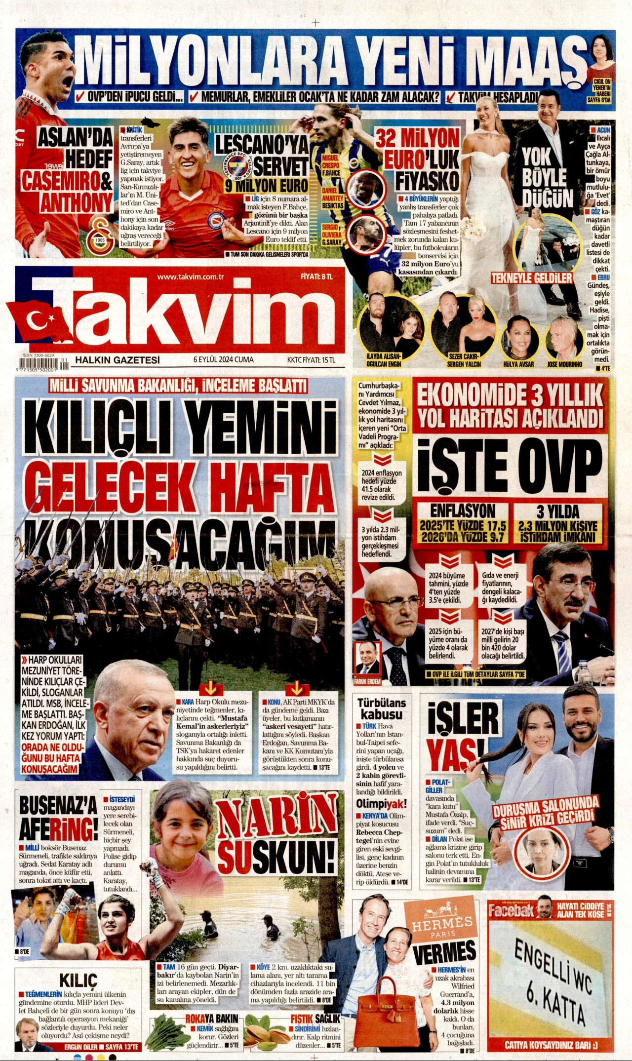 TAKVİM gazetesinin 6 Eylül 2024 tarihli birinci sayfası