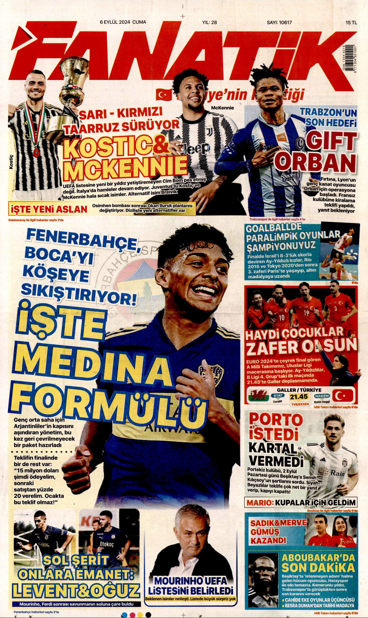 FANATİK gazetesinin 6 Eylül 2024 tarihli birinci sayfası