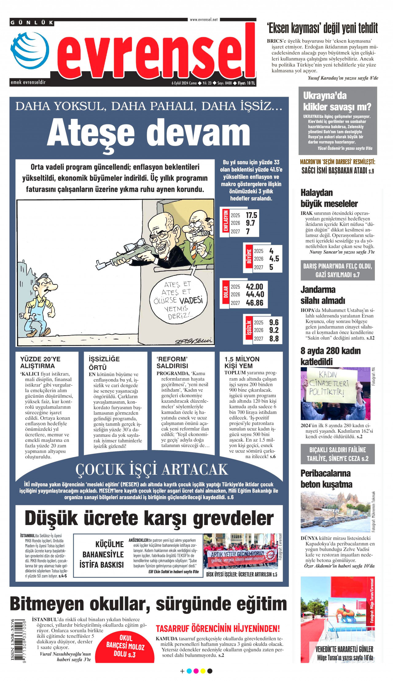 EVRENSEL gazetesinin 6 Eylül 2024 tarihli birinci sayfası