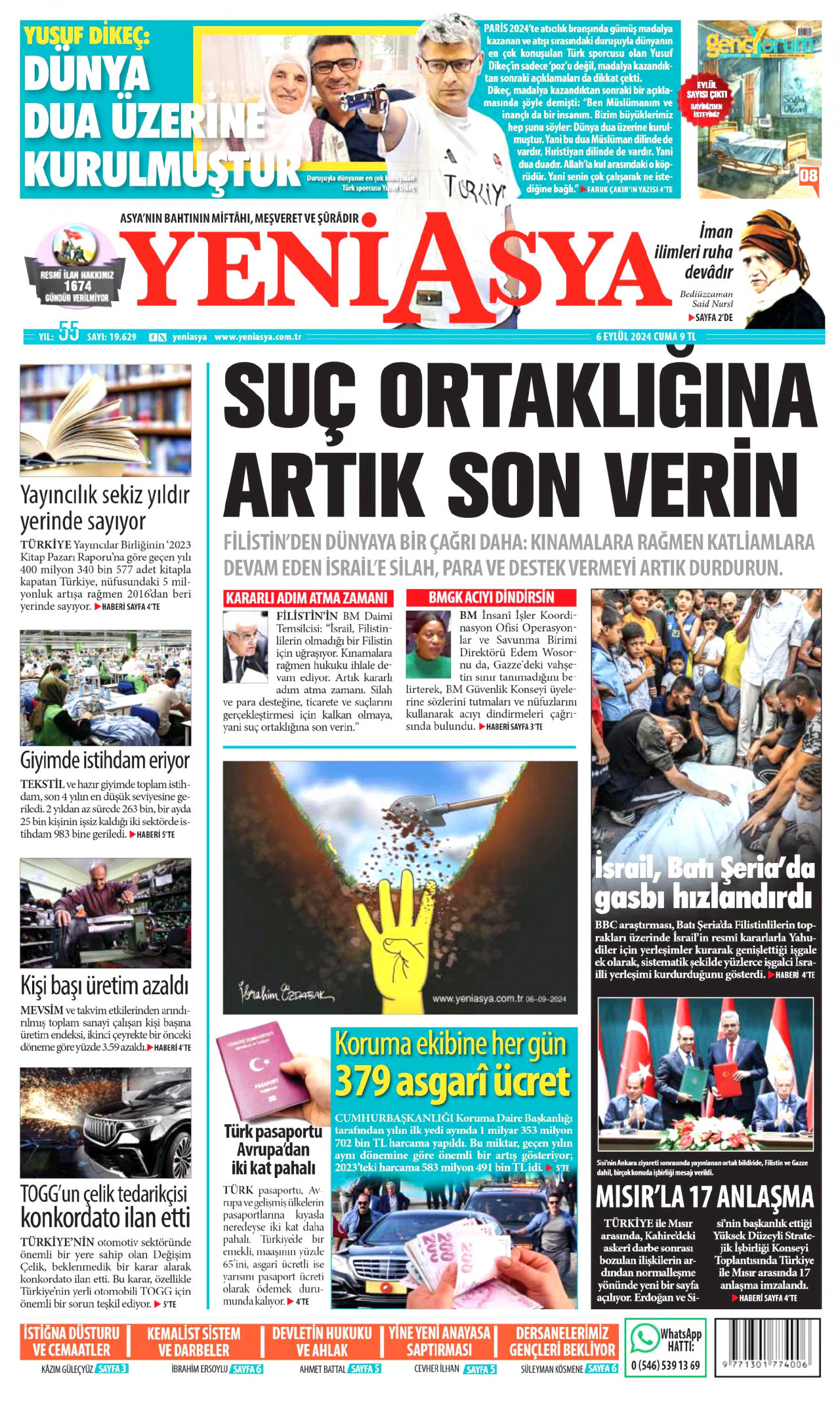 YENİ ASYA gazetesinin 6 Eylül 2024 tarihli birinci sayfası