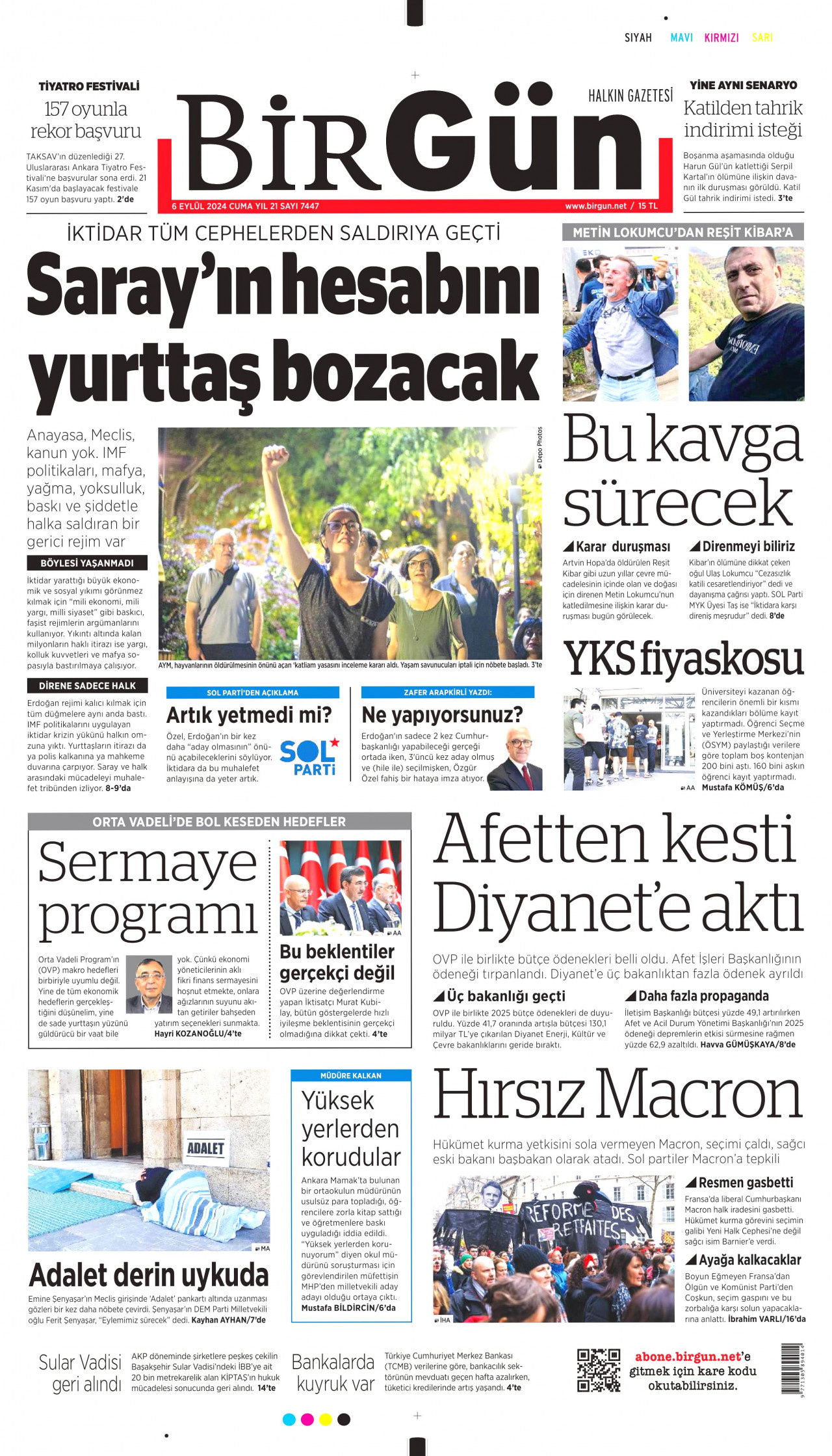 BİRGÜN gazetesinin 6 Eylül 2024 tarihli birinci sayfası