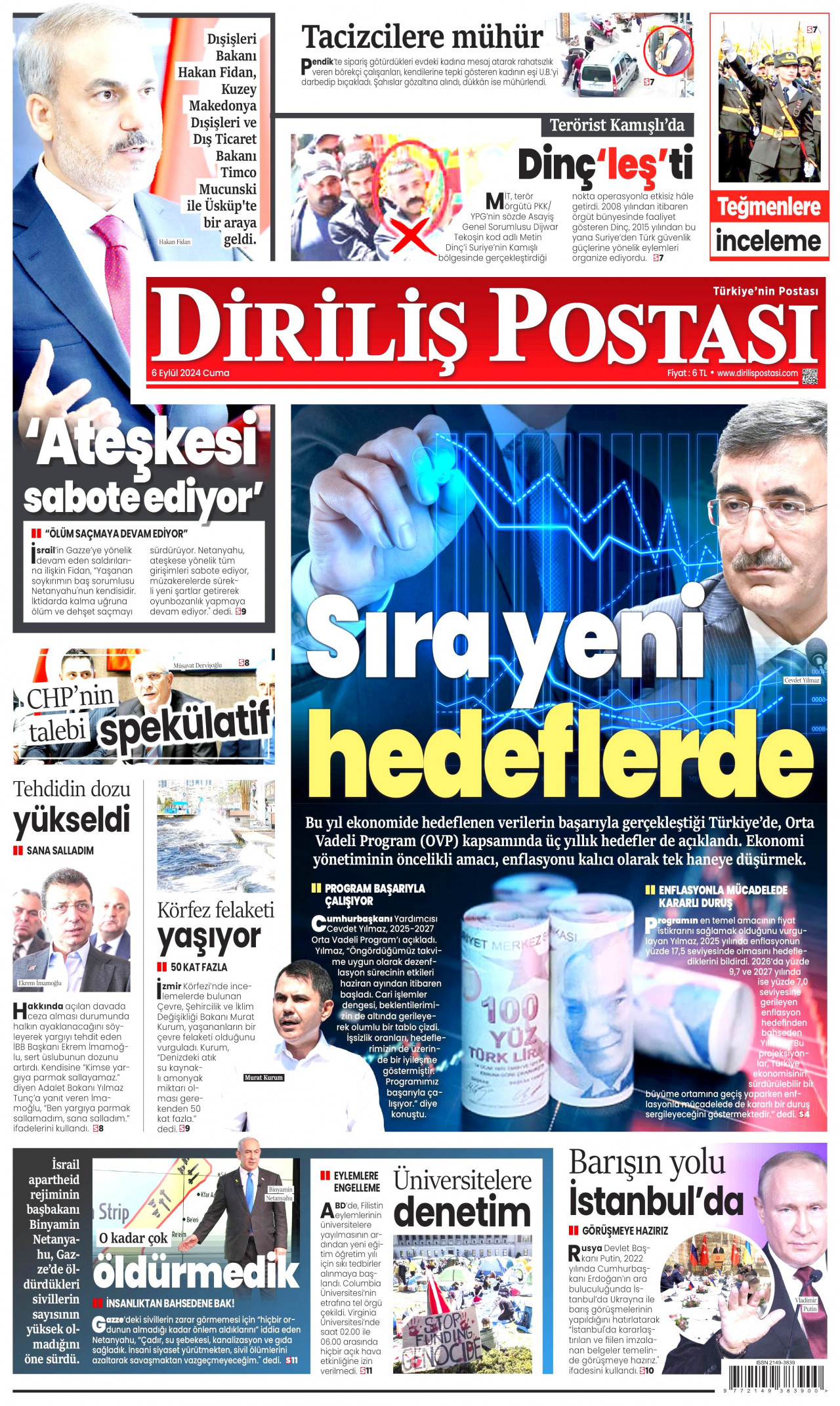 DİRİLİŞ POSTASI gazetesinin 6 Eylül 2024 tarihli birinci sayfası
