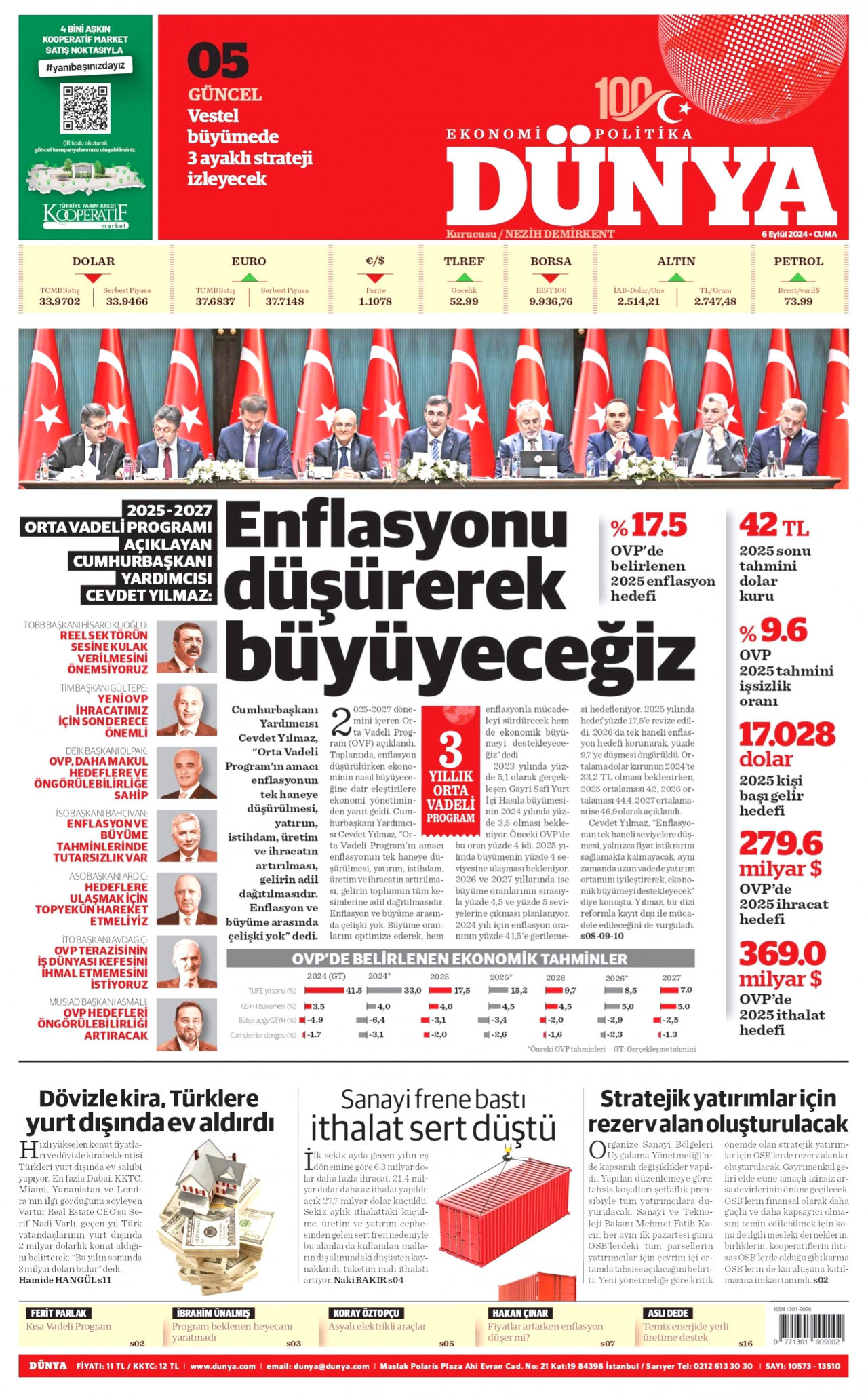 DÜNYA gazetesinin 6 Eylül 2024 tarihli birinci sayfası