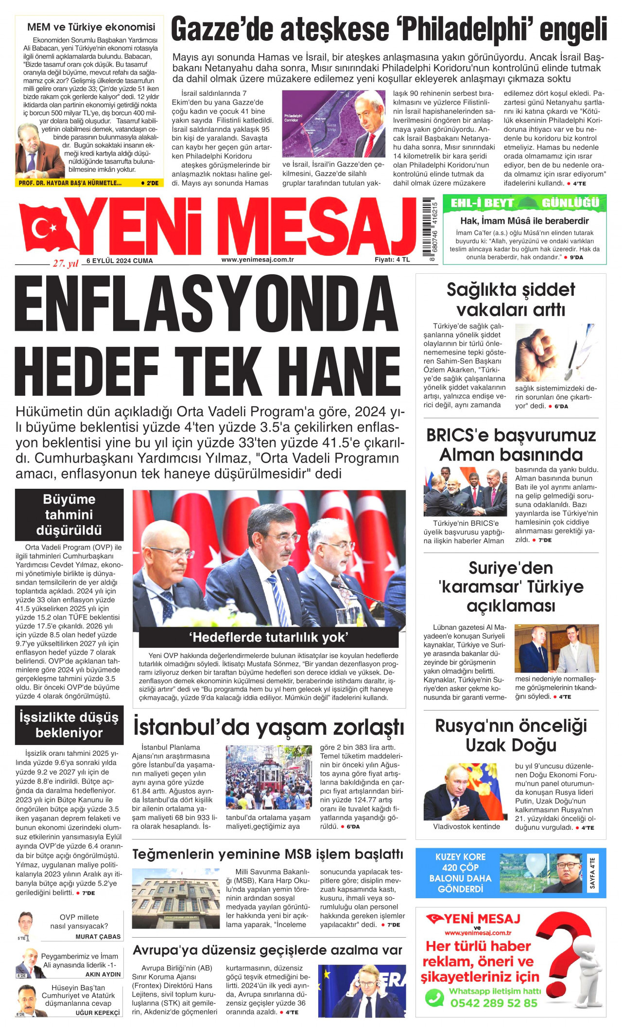 YENİ MESAJ gazetesinin 6 Eylül 2024 tarihli birinci sayfası
