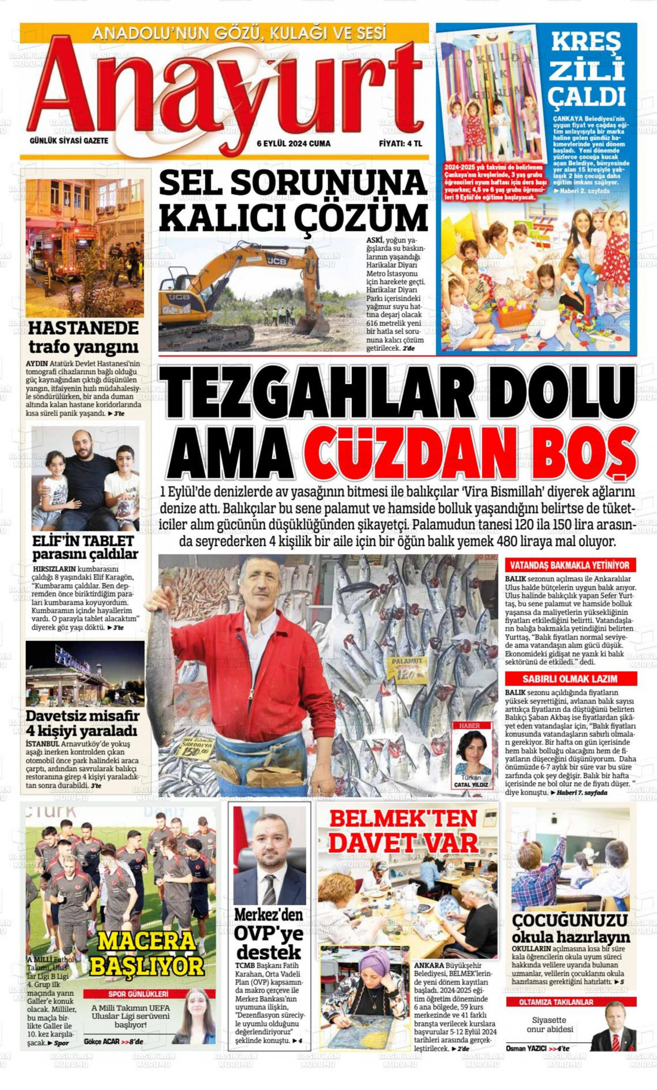 ANAYURT gazetesinin 6 Eylül 2024 tarihli birinci sayfası