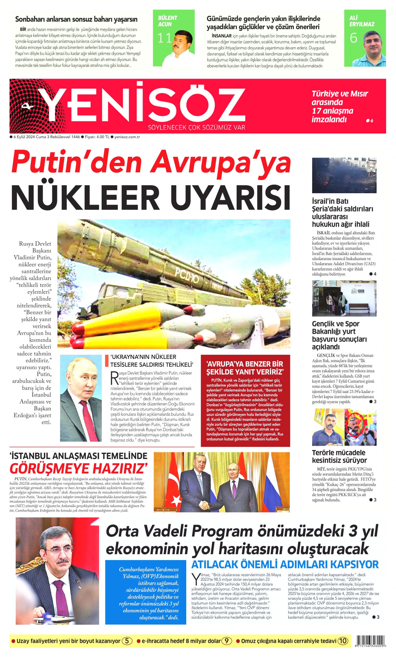 YENİ SÖZ GAZETESİ gazetesinin 6 Eylül 2024 tarihli birinci sayfası