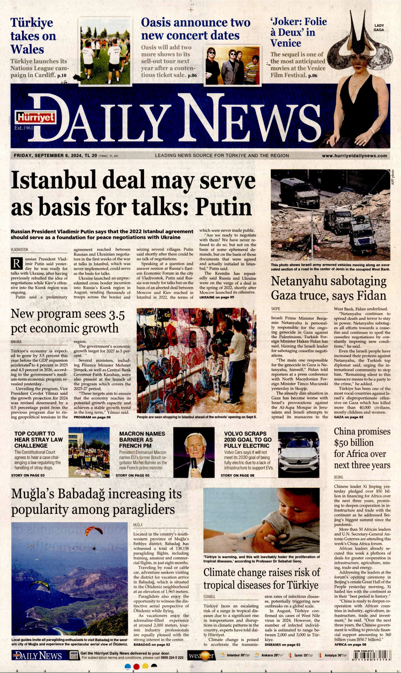 HÜRRİYET DAİLY NEWS gazetesinin 6 Eylül 2024 tarihli birinci sayfası