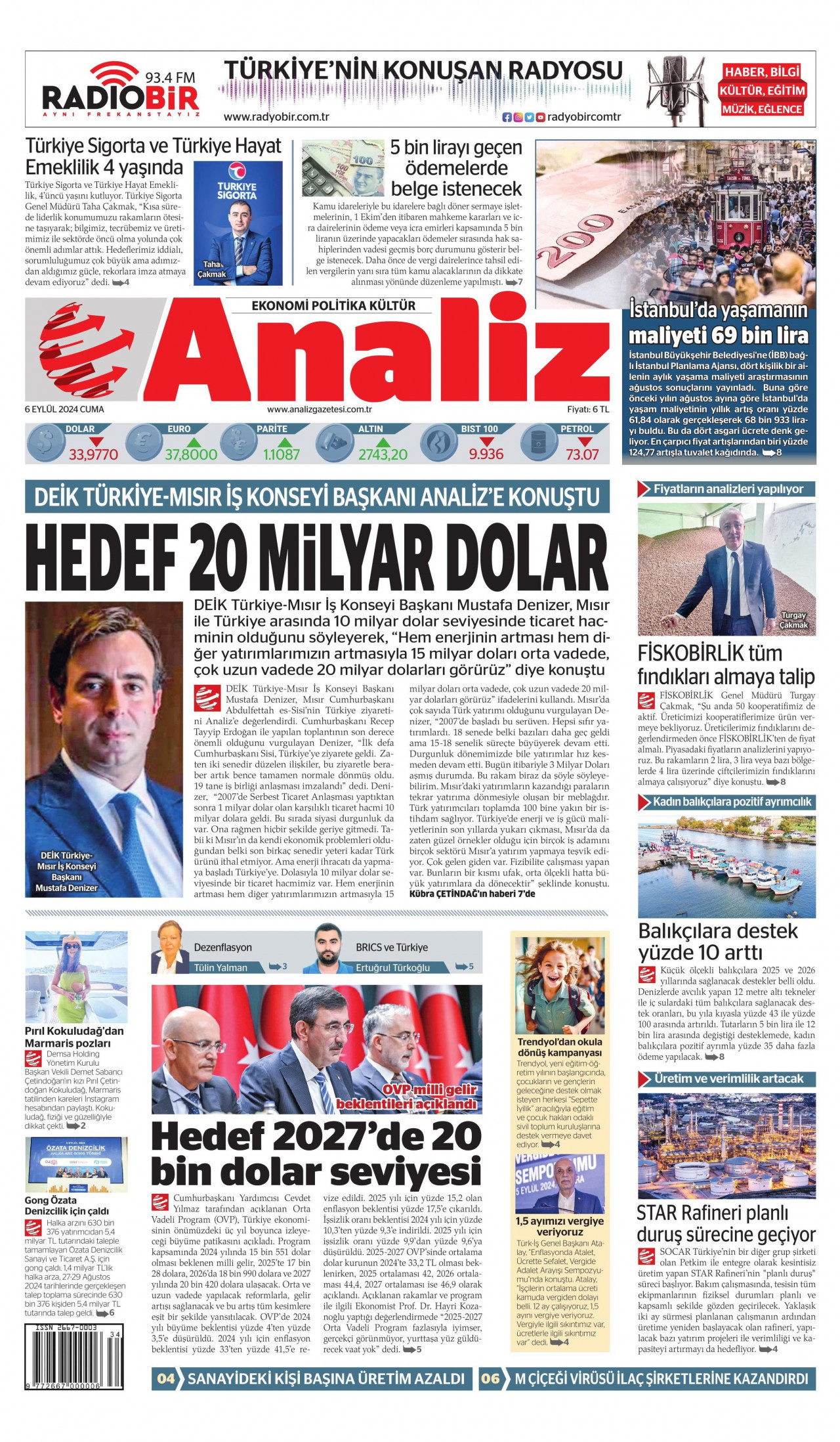 ANALİZ gazetesinin 6 Eylül 2024 tarihli birinci sayfası