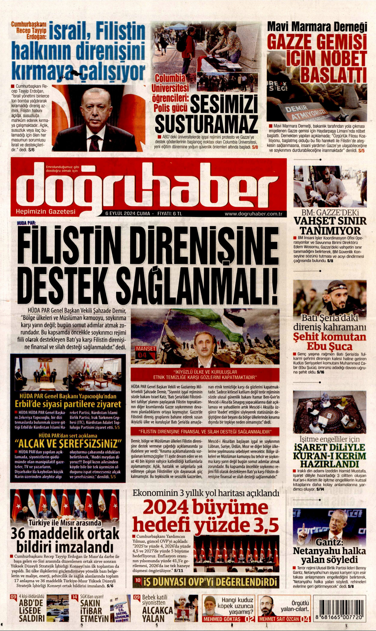 DOĞRU HABER gazetesinin 6 Eylül 2024 tarihli birinci sayfası