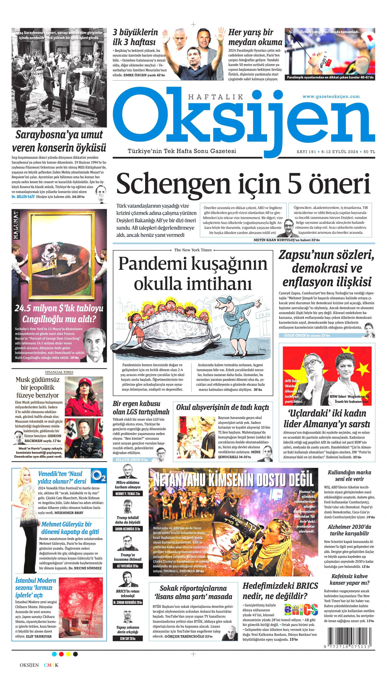 OKSİJEN gazetesinin 6 Eylül 2024 tarihli birinci sayfası