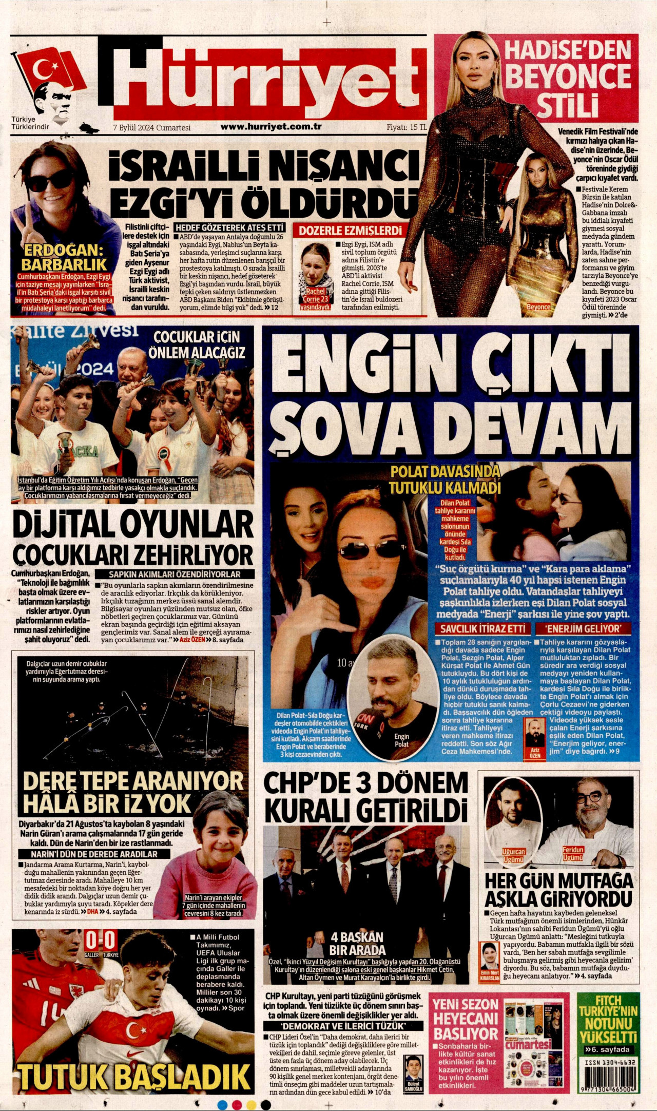 HÜRRİYET gazetesinin 7 Eylül 2024 tarihli birinci sayfası