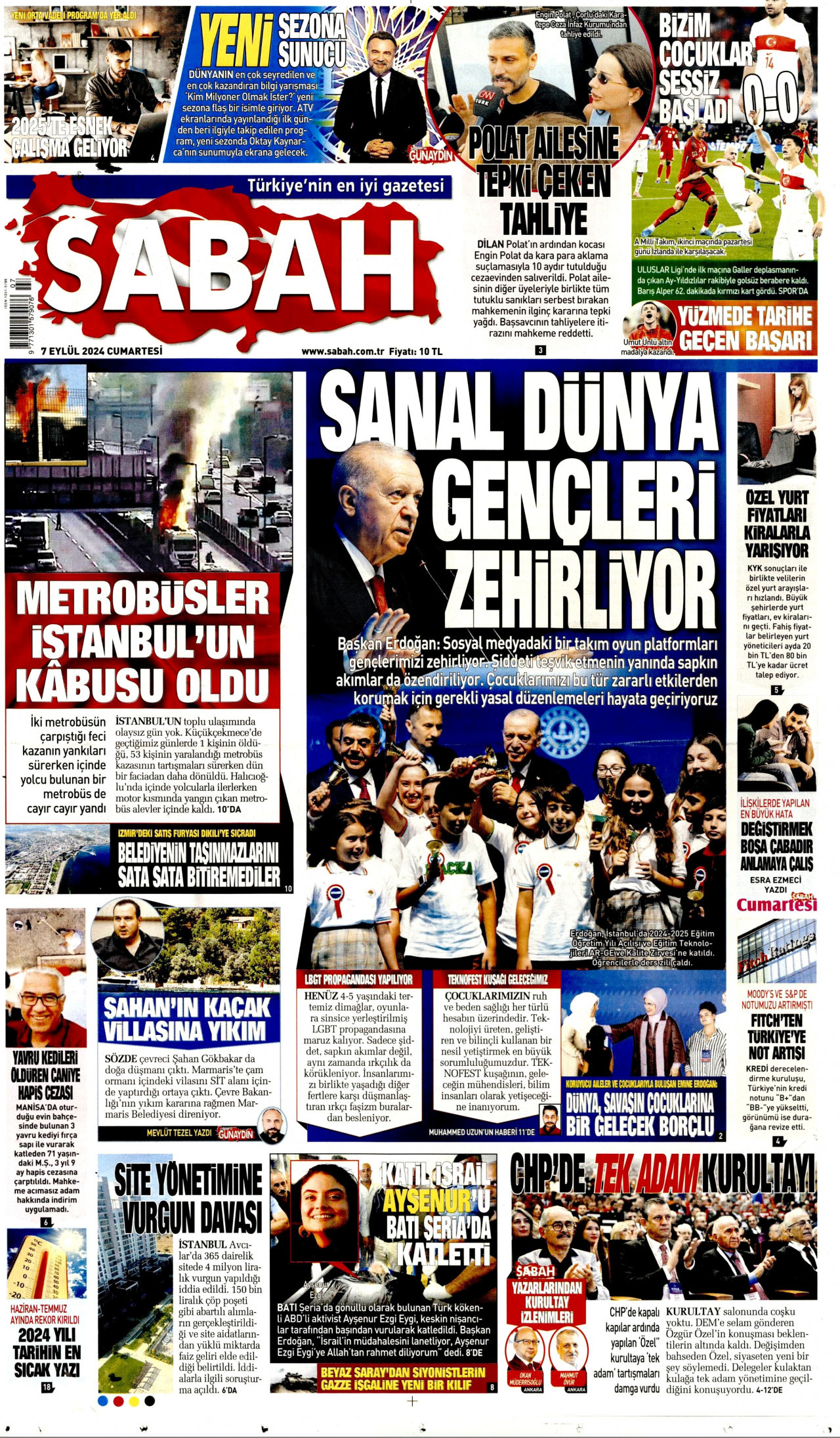 SABAH gazetesinin 7 Eylül 2024 tarihli birinci sayfası